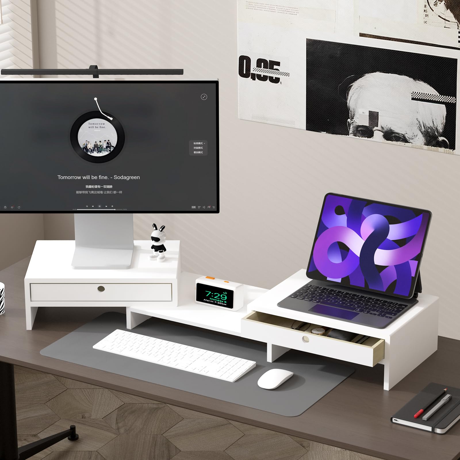 Adjustable Dual Monitor Stand Riser with 2 Drawers - Solid Wood Desktop Organizer for Laptop, PC & Computer - No Assembly Required - Perfect for Home Office & Workspace Organization