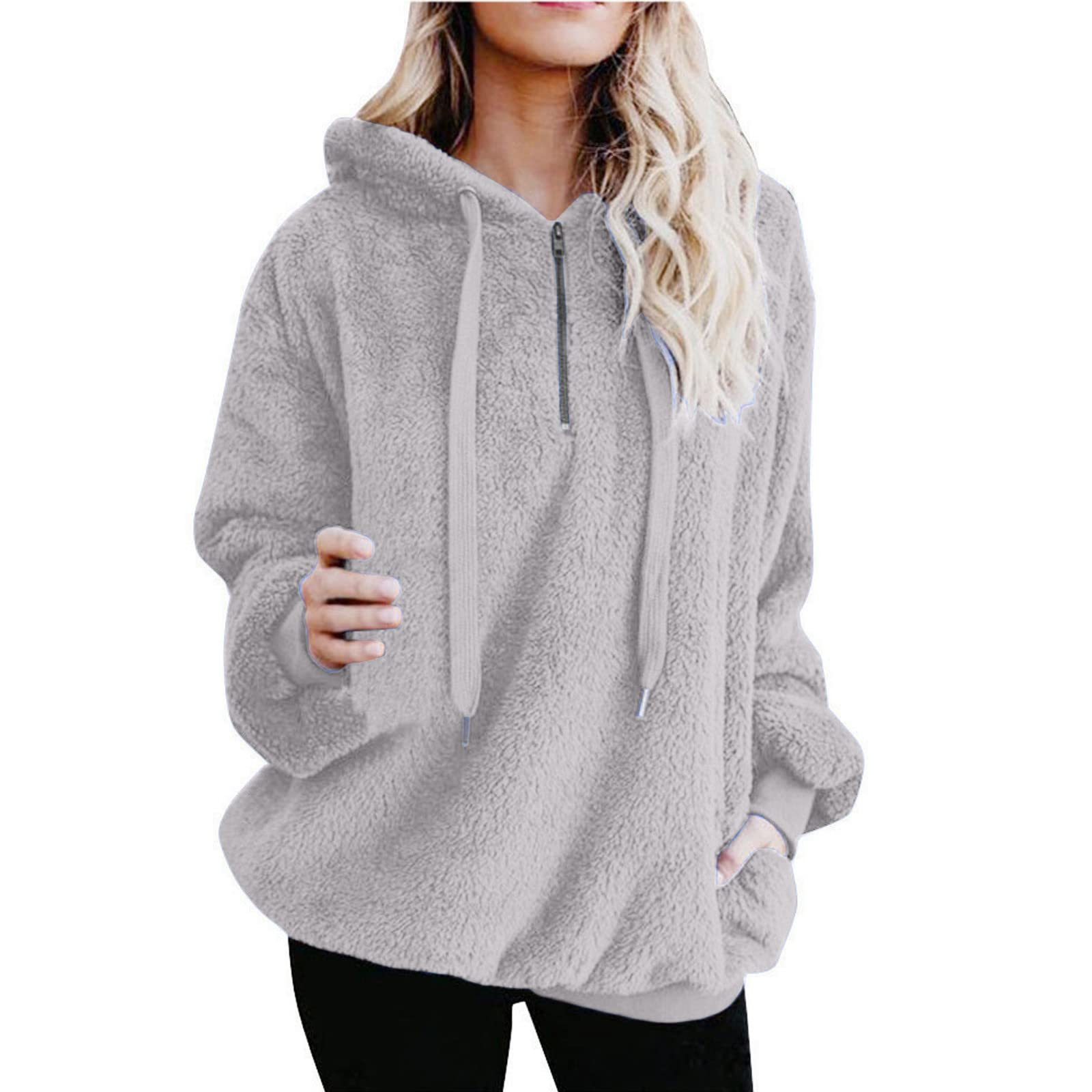 Women's Fluffy Fleece Hoodie - Teddy Fleece Sweatshirt with 1/4 Zip & Pockets | Warm Winter Pullover for Casual Wear | Loose Fit Comfy Jumper | UK Sizes 8-16 | Perfect for Outdoor Activities & Lounge Wear