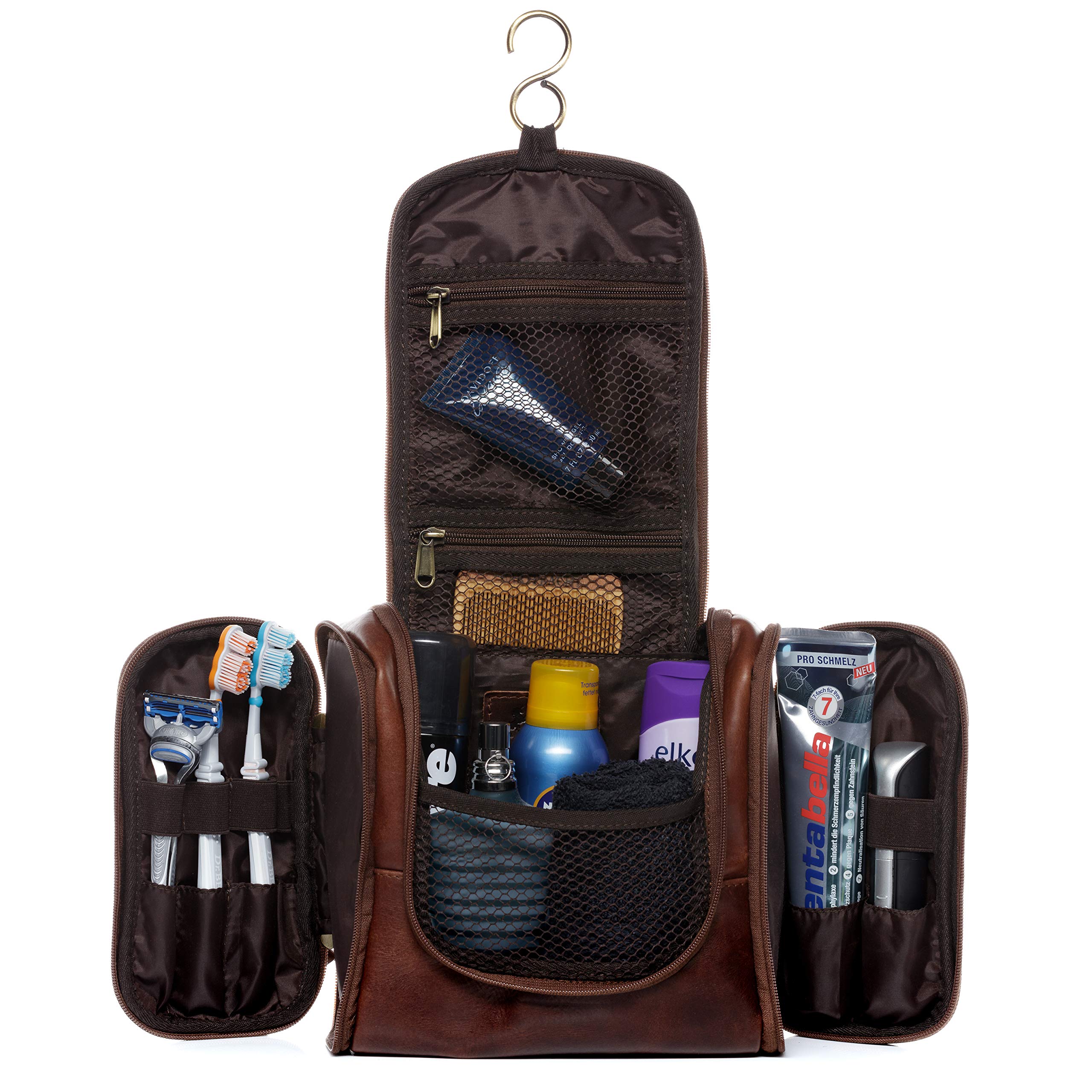 Premium Real Leather Toiletry Bag for Men & Women – SID & VAIN Wash Bag Dexter Large Travel Overnight Gym Shaving Bag – Unisex Brown Leather Organizer for Travel, Gym & Daily Use