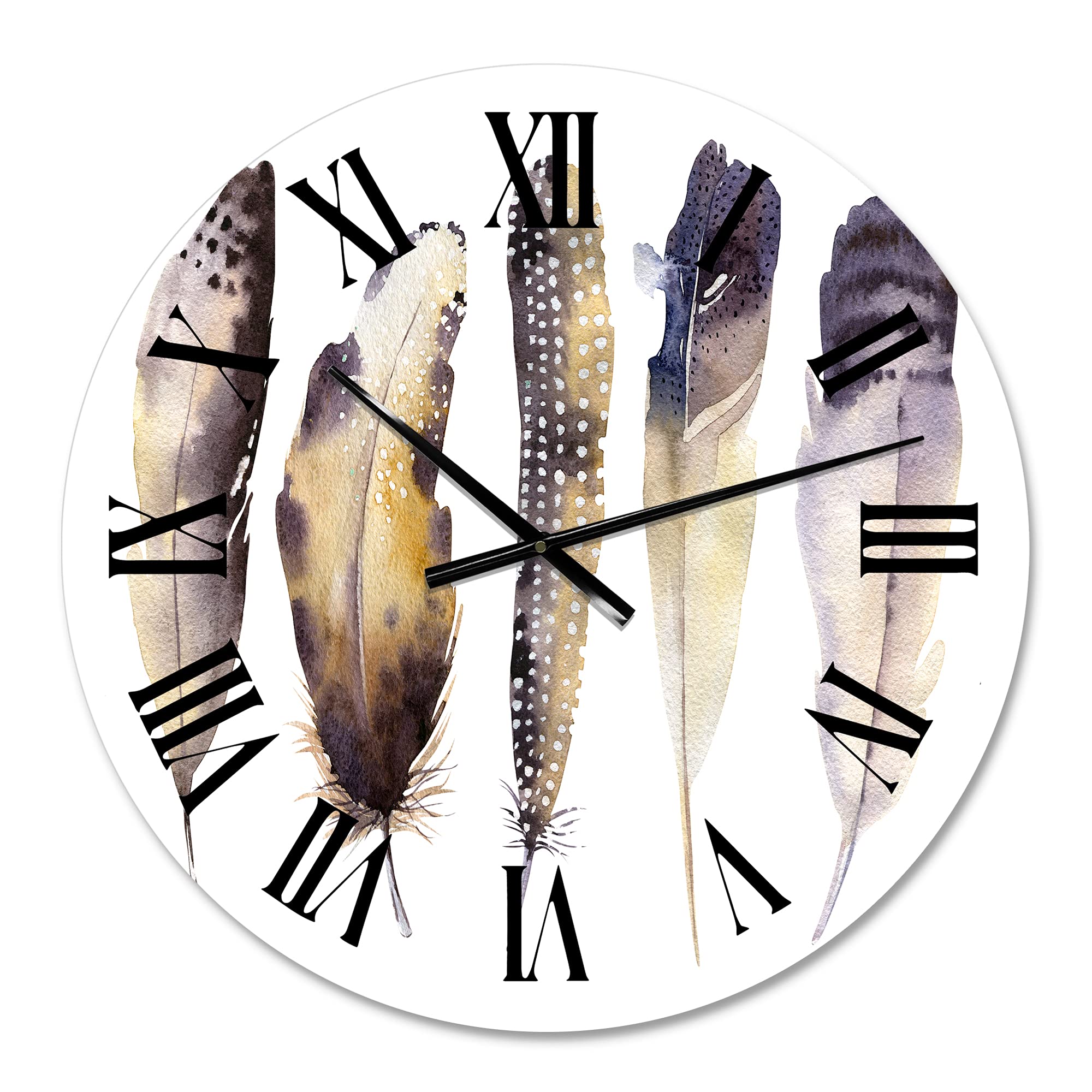 Boho Ethnic Dark Gray Feathers Wall Clock - Large Decorative Clock for Kitchen, Living Room & Bedroom | Unique Bohemian Home Decor with Animal Motifs