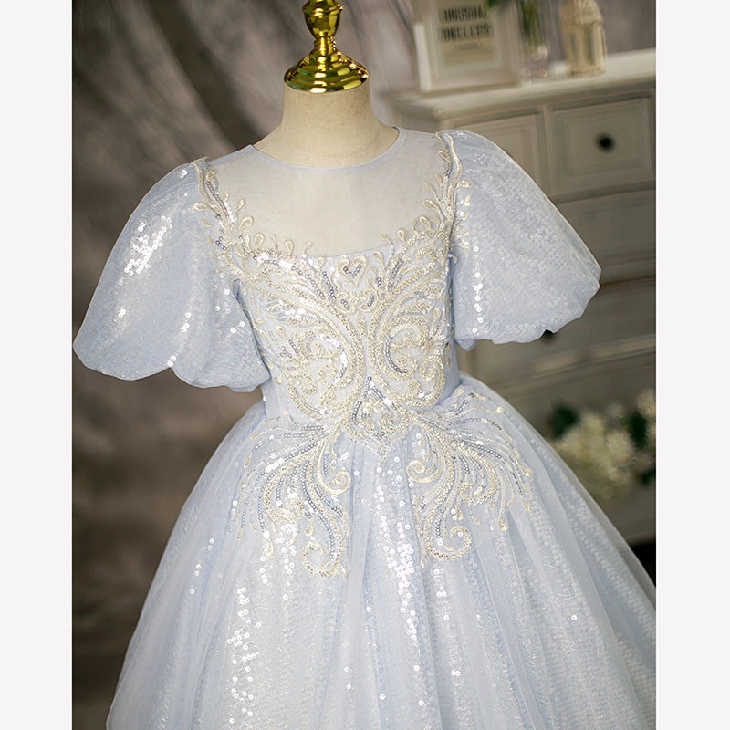 Dusty Blue Princess Round Floor Length Sequined Flower Girl Dress for Weddings, Pageants & Special Occasions