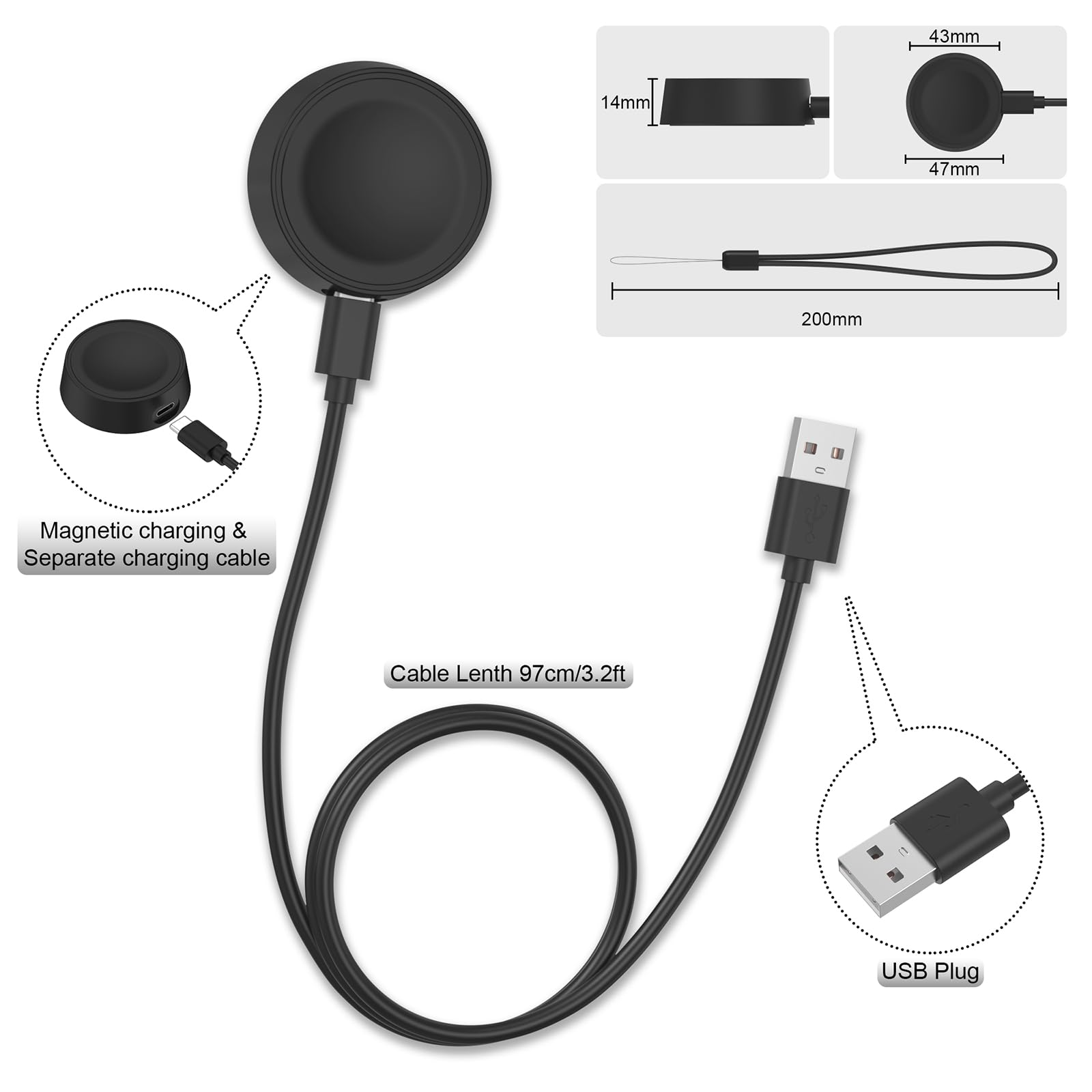 Apple Watch Magnetic Fast Charger - USB Charging Cable Compatible with iWatch Series Ultra/8/7/6/5/4/3/2/1/SE - Perfect for Home, Office & Travel (Black)