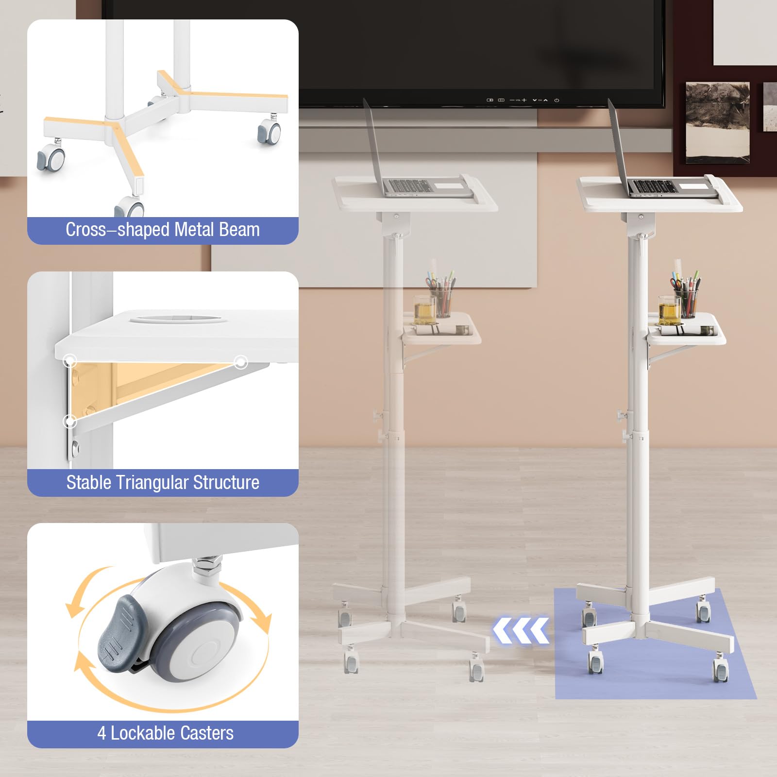 Adjustable Mobile Laptop Podium Stand with Storage Tray & Tilting Desktop - Rolling Lectern for Home Office, Classroom, Church & Presentations - White Standing Desk with Wheels for Easy Mobility
