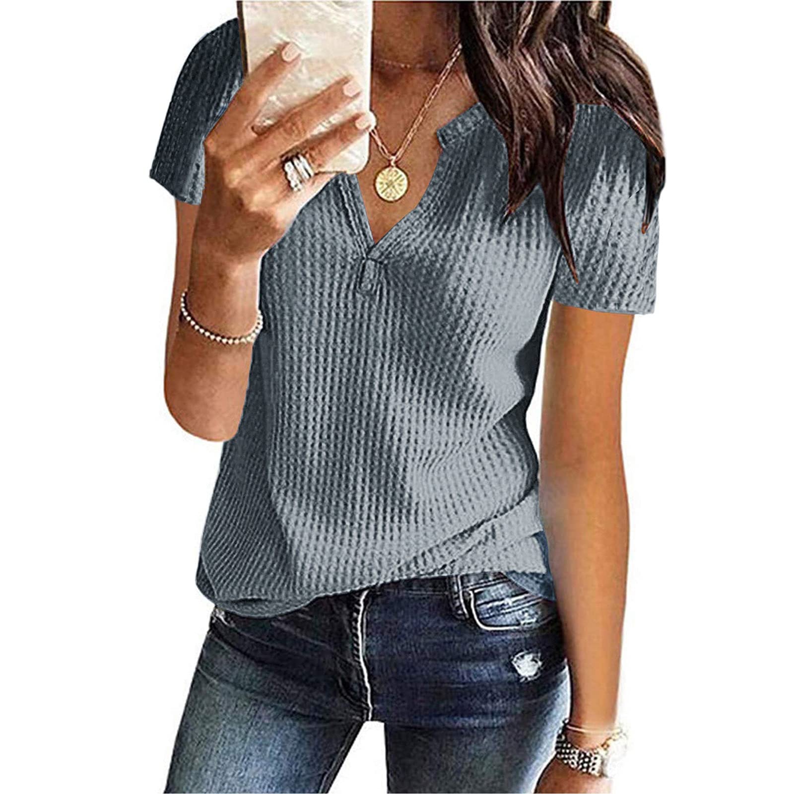 Women's Casual Waffle Knit Short Sleeve Tunic Top - V Neck Henley Button Up Loose Blouse for Summer | Perfect for Beach Outings, Weekend Brunch & Relaxing at Home