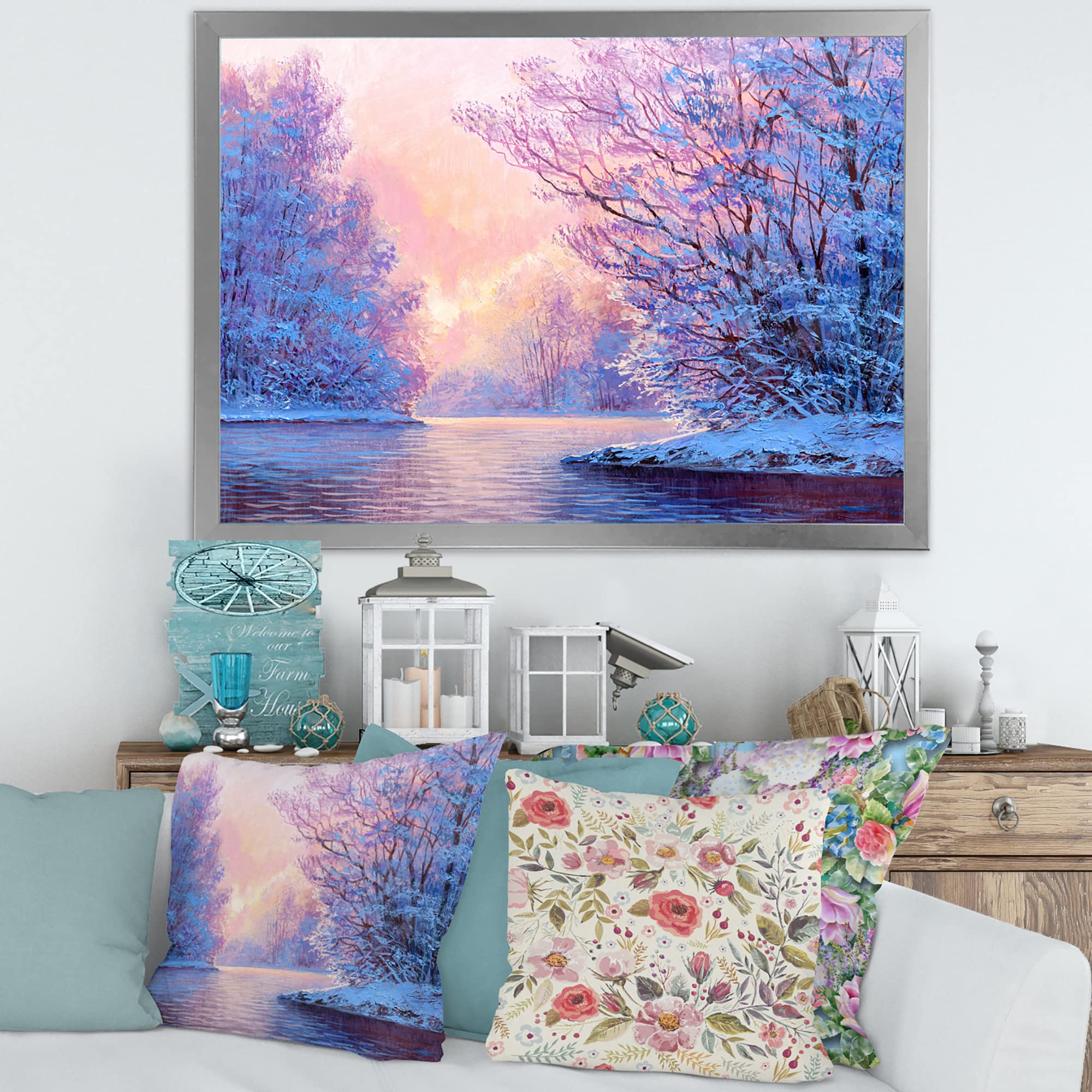 Winter Landscape With The River - Original Lake House Framed Wall Art Painting for Living Room, Bedroom & Office Decor
