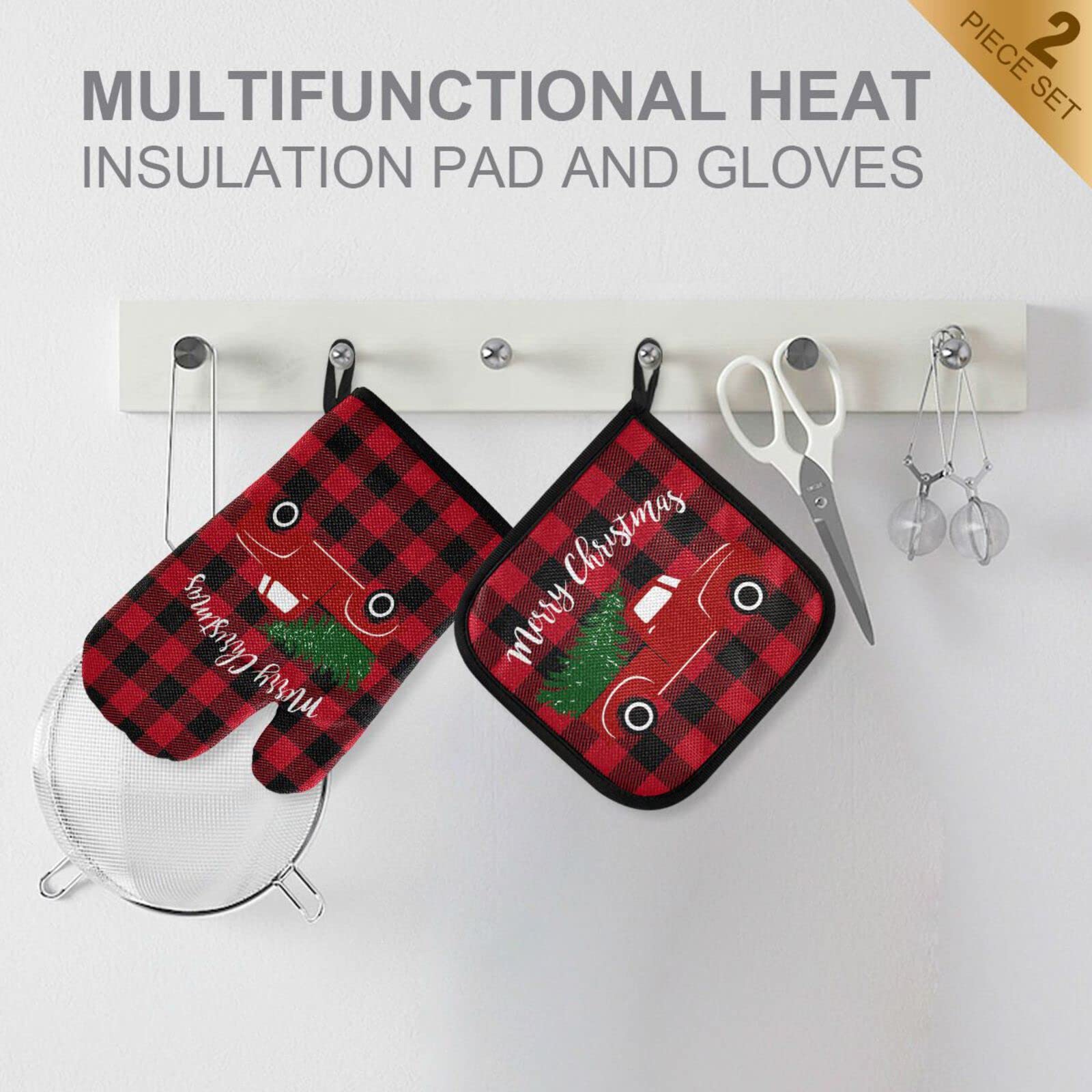 Festive Red Truck Buffalo Plaid Oven Mitts & Pot Holders Set - Heat Resistant, Non-Slip Christmas Kitchen Accessories for Cooking, Baking, BBQ - Perfect Holiday Gift & Cozy Winter Home Decor