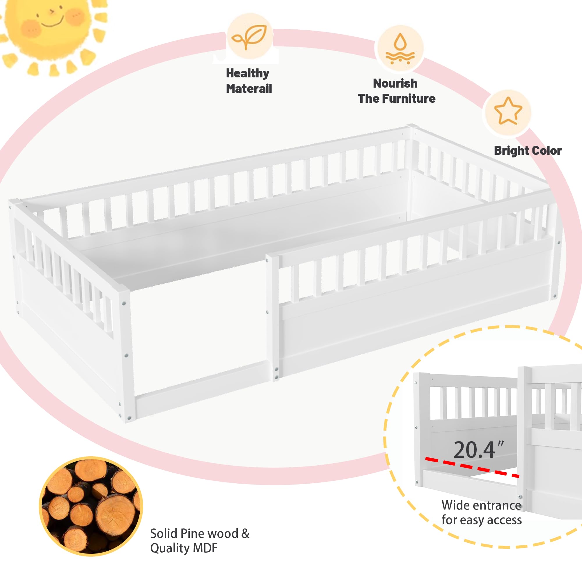 Montessori Floor Bed for Kids - Twin Size Wooden Playhouse Bed with High Safety Railings for Baby Boys, Girls & Teens - No Slats Included - White - Perfect for Montessori Bedrooms, Playrooms & Safe Toddler Sleep Spaces