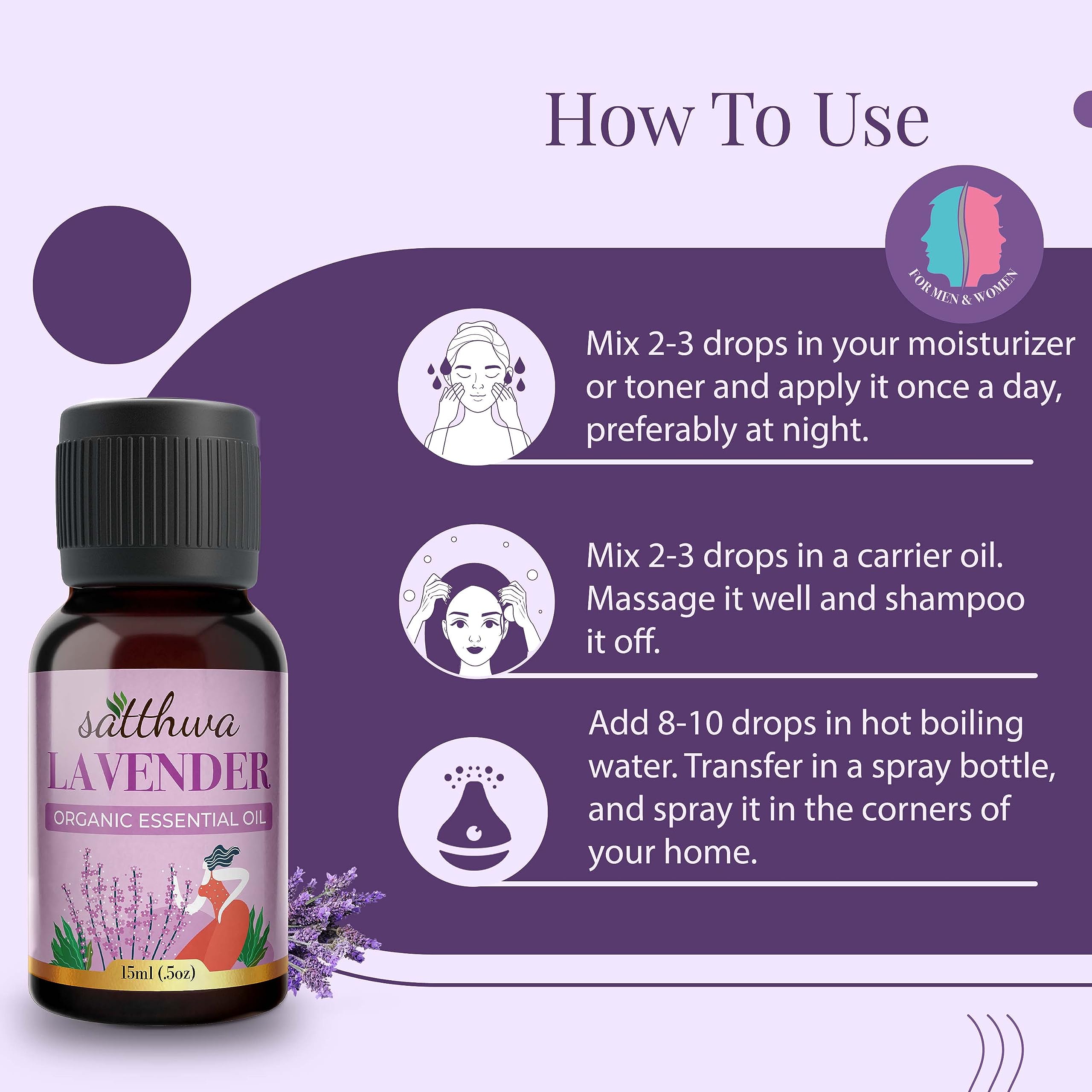 **Satthwa Organic Lavender Essential Oil - 100% Pure Therapeutic Grade - 15ml Bottle - Calming Floral Aromatherapy for Relaxation, Sleep, Skin Care & Stress Relief - Perfect for Diffusers, Massage & DIY Beauty**