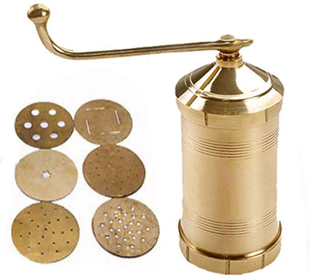 Premium Brass Sev Sancha Maker - Handmade Manual Pasta Press with 6 Interchangeable Discs for Murukulu, Gathiya & Janthikulu | Traditional Indian Snack Maker for Home & Restaurant Use