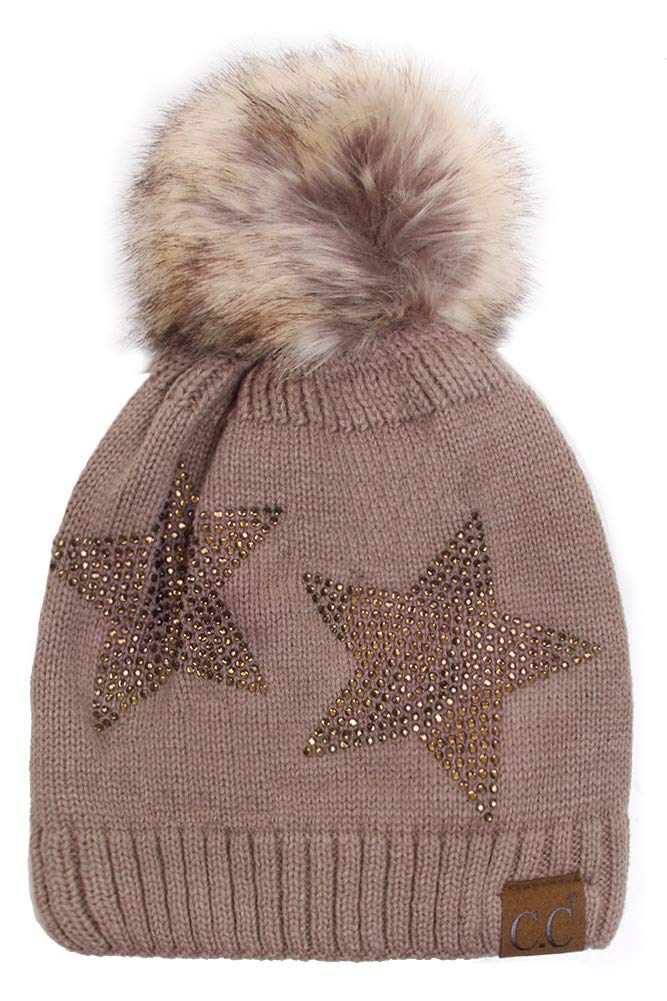 JINS CLOSET Women's Faux Fur Pom Pom Beanie with Rhinestone Stars - Soft Winter Skull Cap for Women - Perfect for Cold Weather, Outdoor Activities, and Fashion Accessories