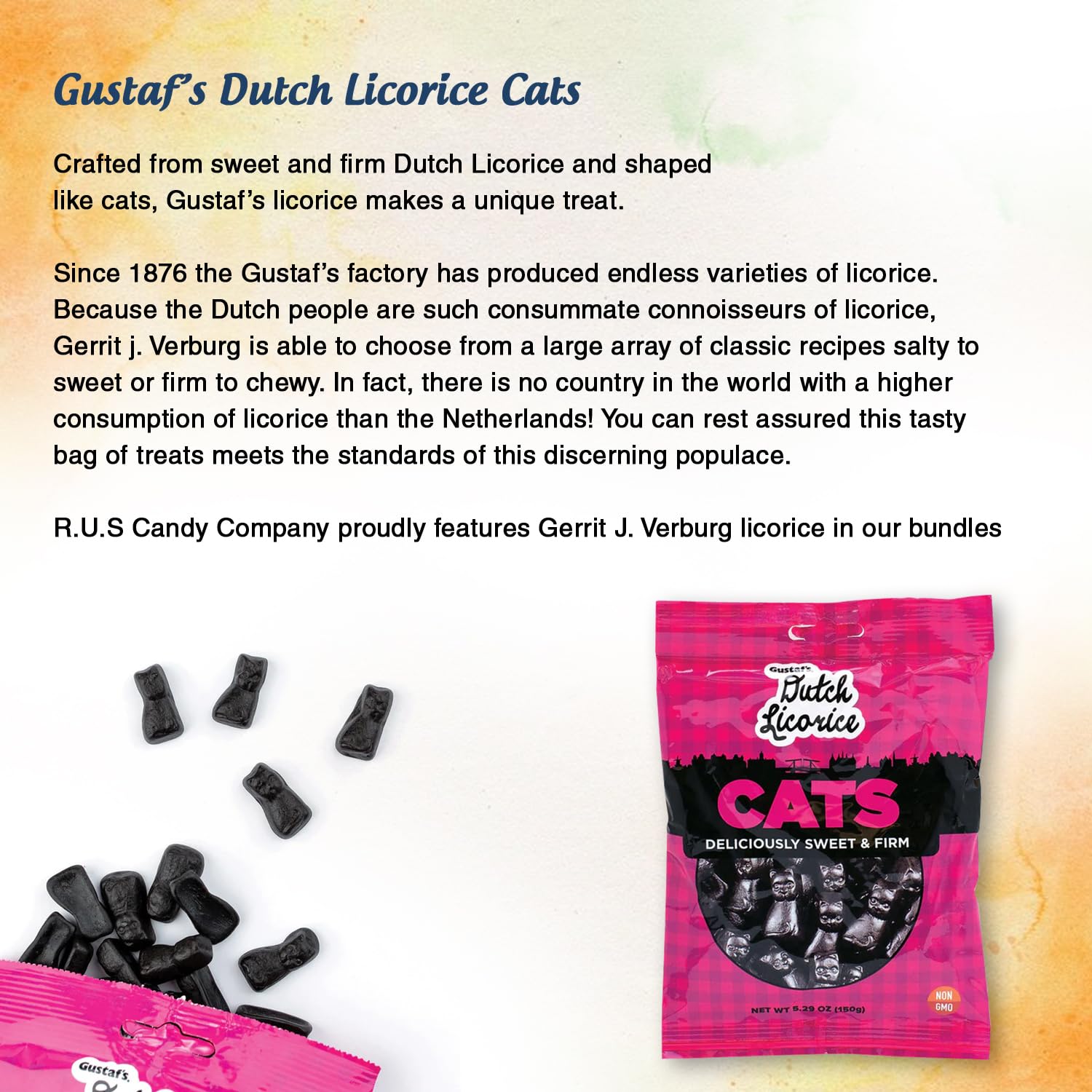 Gustaf's Dutch Licorice Cats - 2 Pack (5.29 oz Each) | Authentic Dutch Candy | Imported Licorice Treats | Perfect for Travel, Gifts & Snacking | Includes RUS Candy Company Travel Size Bags