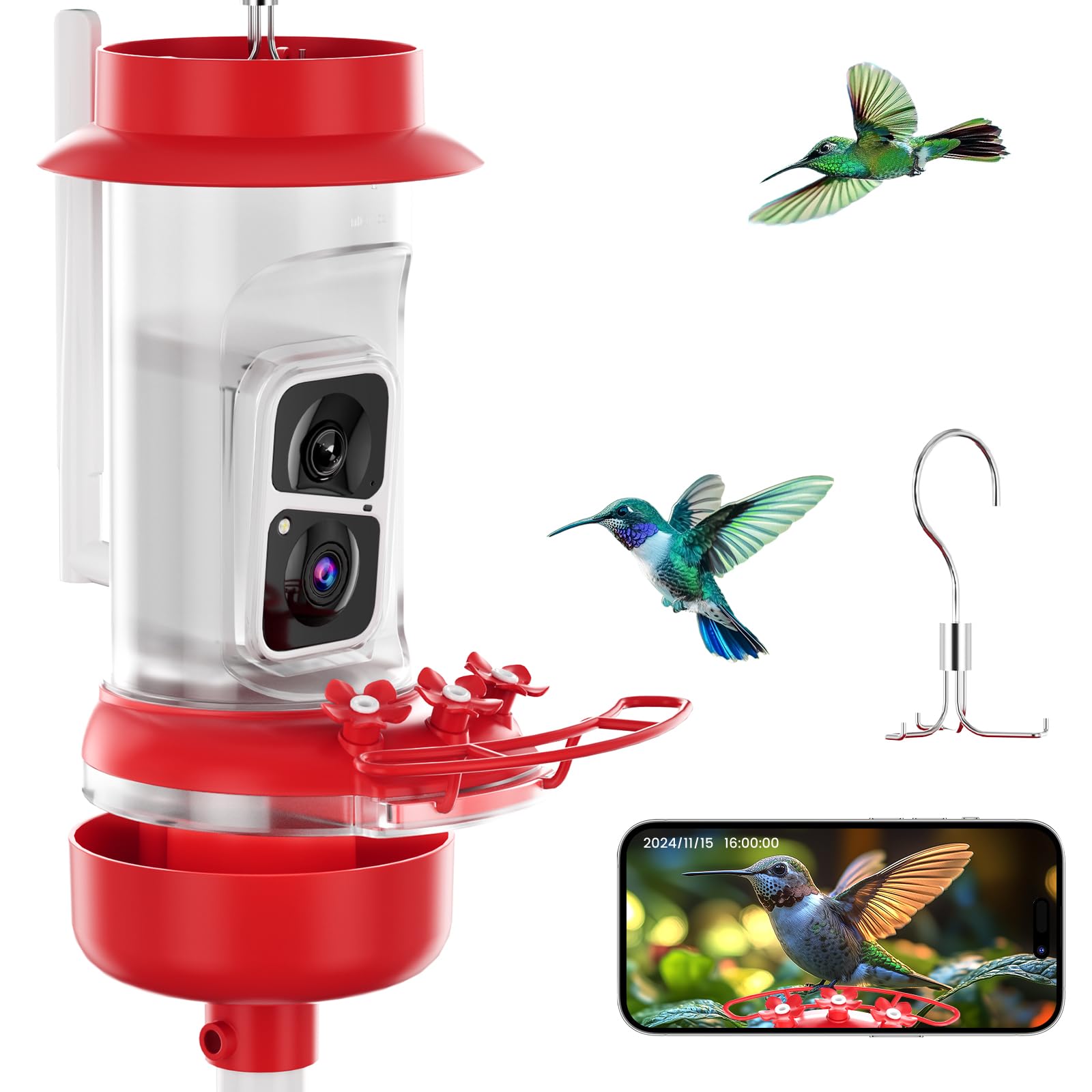 Soliom Humbirdy - Original 2K Hummingbird Feeder Camera with Leak-Proof Design, Ant Moat & AI Bird Identification | 3 Feeding Ports, 16oz Capacity | Perfect for Backyard Birdwatching, Nature Lovers & Family Gifts
