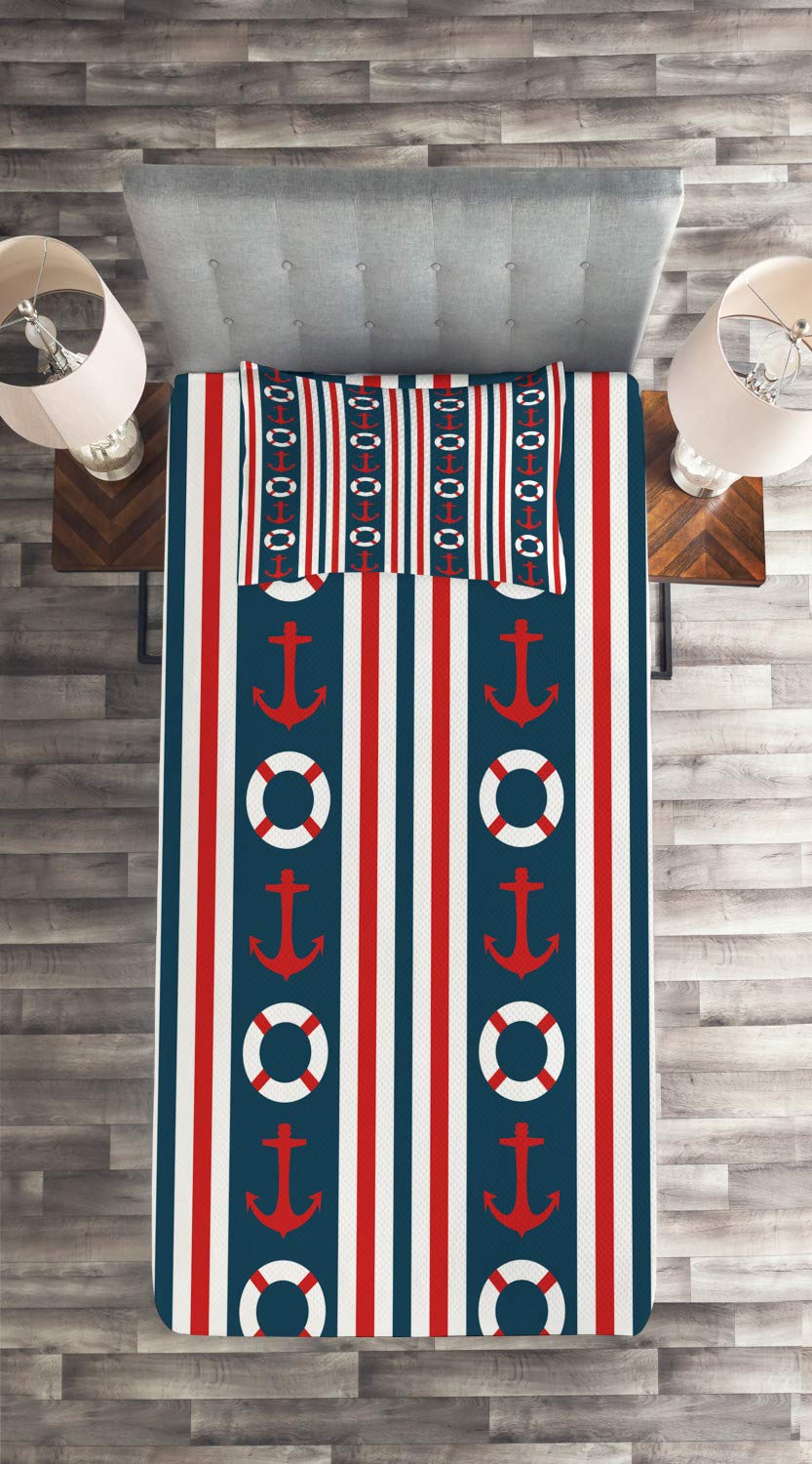 Ambesonne Nautical Twin Size Quilted Bedspread Set - 2 Piece Decorative Coverlet with Pillow Sham, Maritime Stripes Design Featuring Steering Wheel & Anchor Patterns in Indigo Red White - Perfect for Coastal Themed Bedrooms, Guest Rooms & Nautical Decor