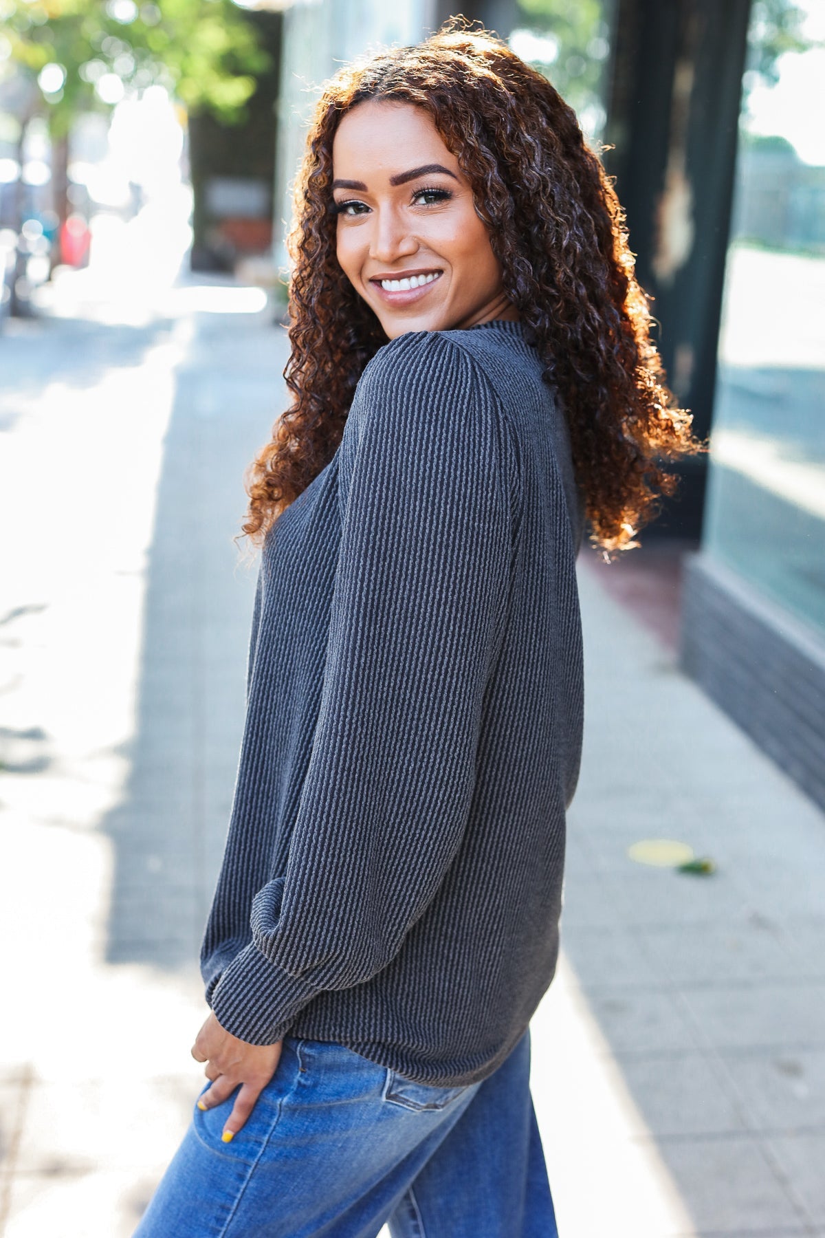Everyday Charcoal Rib Mineral Wash Long Sleeve Top for Women | Soft Comfortable Casual Shirt | Perfect for Work, Weekend & Layering