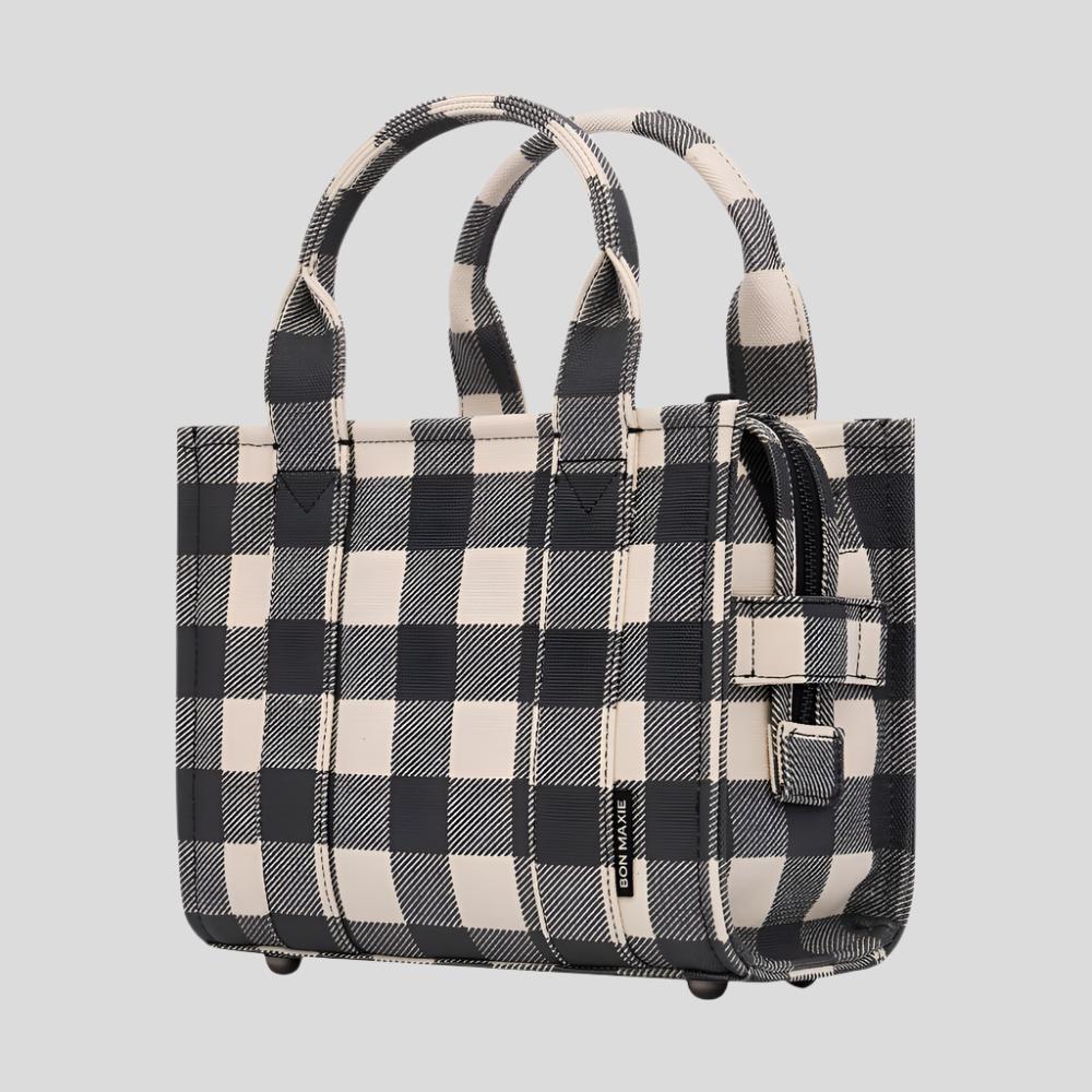 Micro Bon Vivant Structured Tote Bag - Black Gingham Checkered Pattern, Stylish & Durable Handbag for Women, Perfect for Work, Travel & Everyday Use