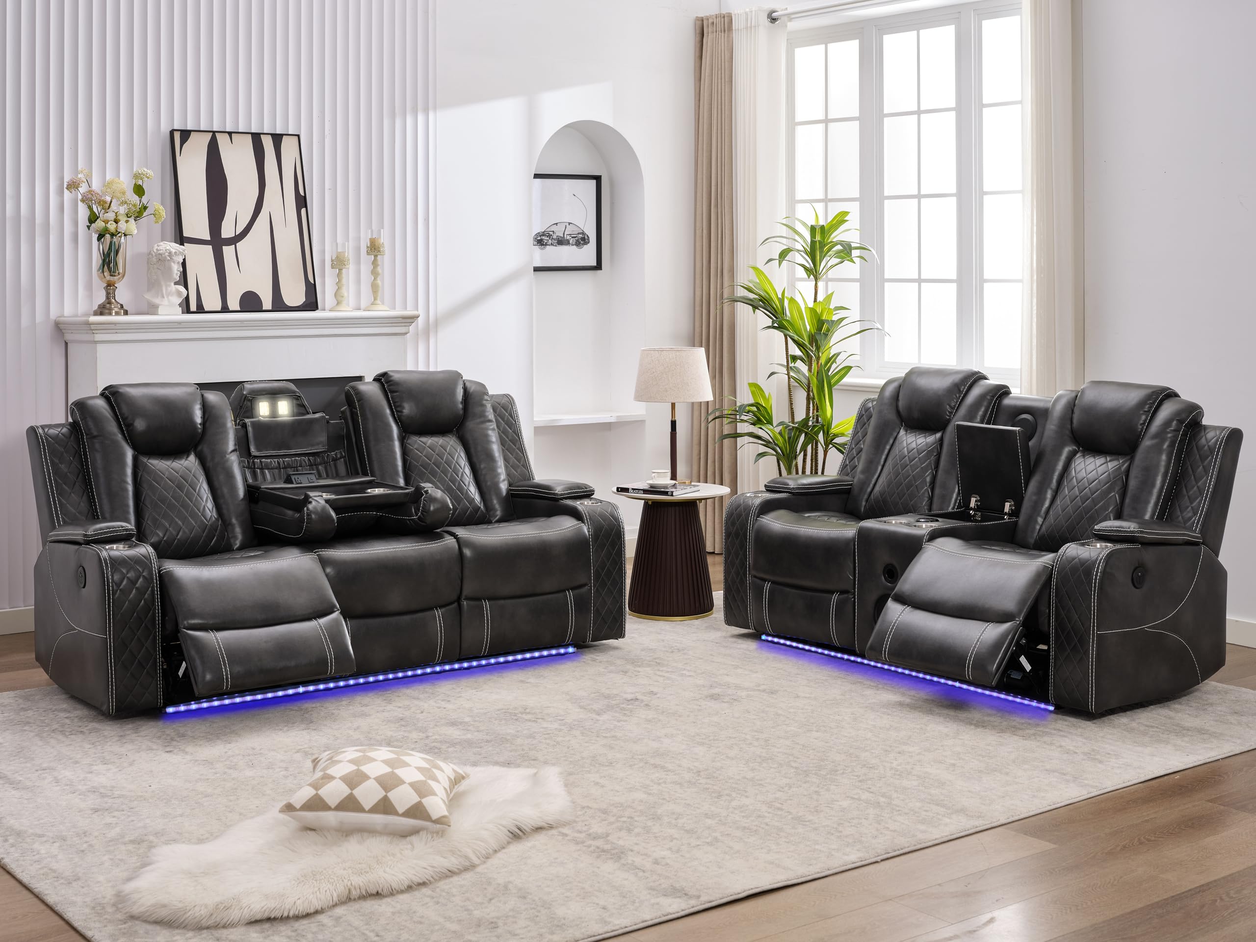 Premium Faux Leather Power Recliner Sofa Set with Bass Speaker & Wireless Charger - 3-Seater Reclining Couch & Loveseat with LED Lights & Reading Light for Living Room, Home Theater - Perfect for Movie Nights, Gaming & Relaxation (Grey)