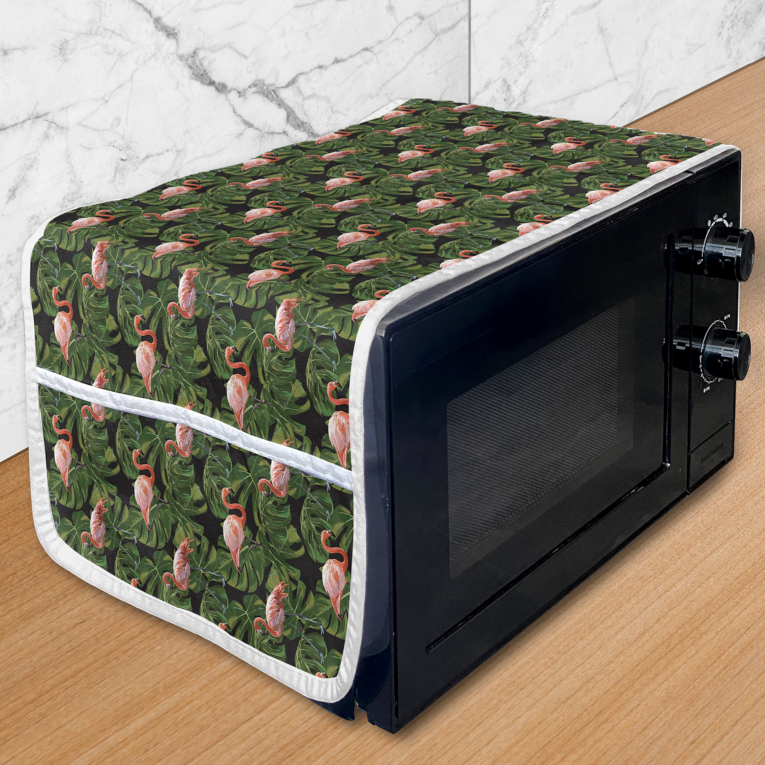 Ambesonne Flamingo Microwave Cover - Waterproof Kitchen Organizer with Pockets, Exotic Bird & Monstera Leaf Pattern, 36x12 Inches, Charcoal Grey & Dark Salmon - Perfect for Microwave Protection & Kitchen Decor
