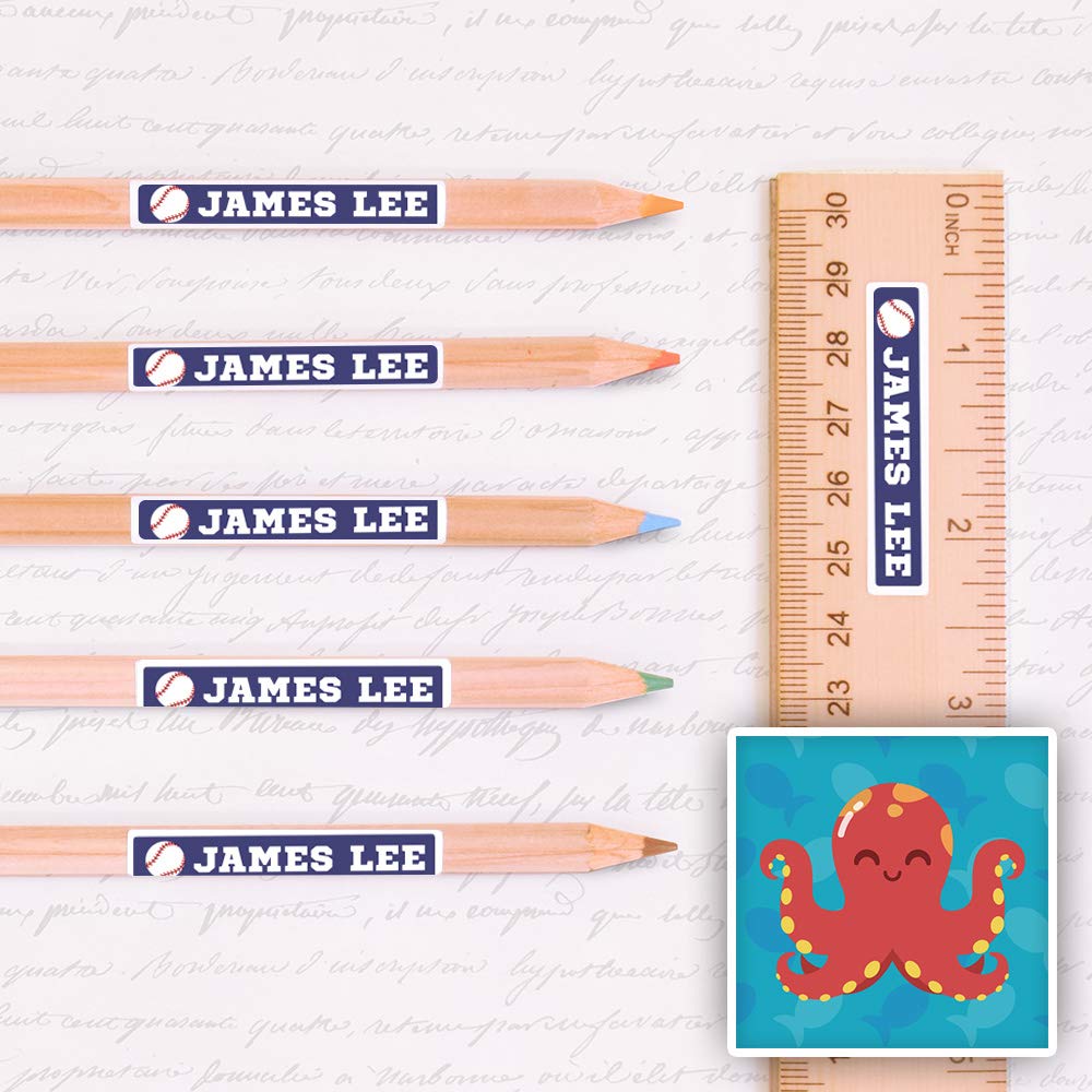 Waterproof Personalized Name Labels - 80 Skinny Peel & Stick Labels with Octopus Design for Kids School Supplies, Lunch Boxes & Water Bottles
