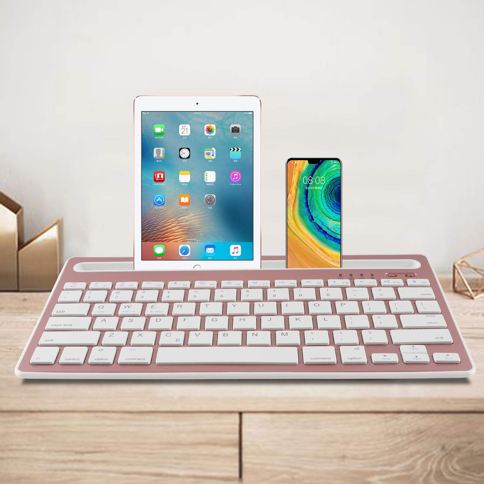 Rechargeable Bluetooth Keyboard for iPad, Tablet, Phone & Computer - Multi-Device Wireless Keyboard Compatible with Android, iOS, Windows - Quiet Typing for Office, Home & Travel - Rose Gold