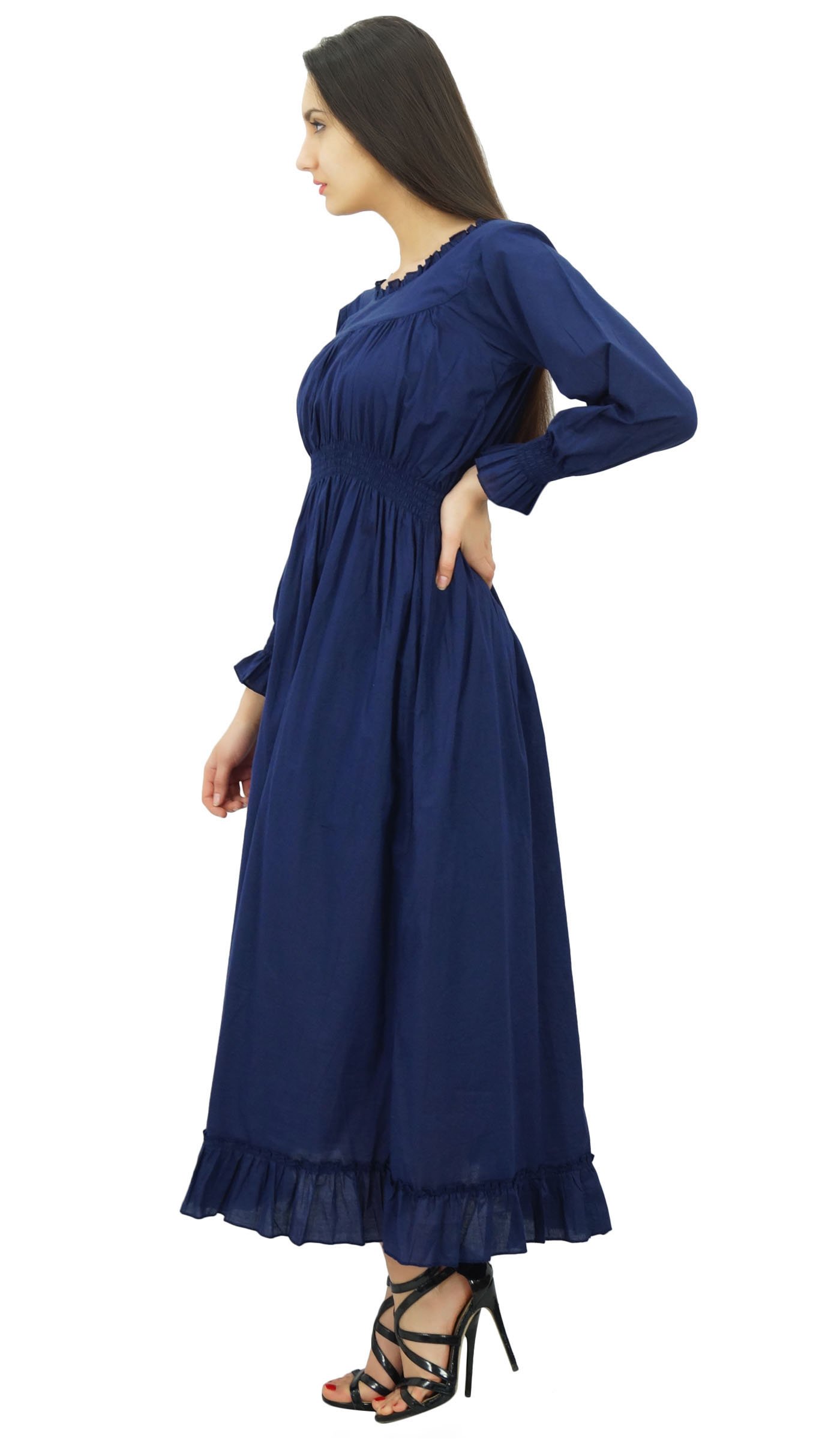 Bimba Women's Cotton Smocked Waist Long Casual Maxi Dress - Flowy Summer Beach Dress for Vacation, Date Night & Outdoor Activities