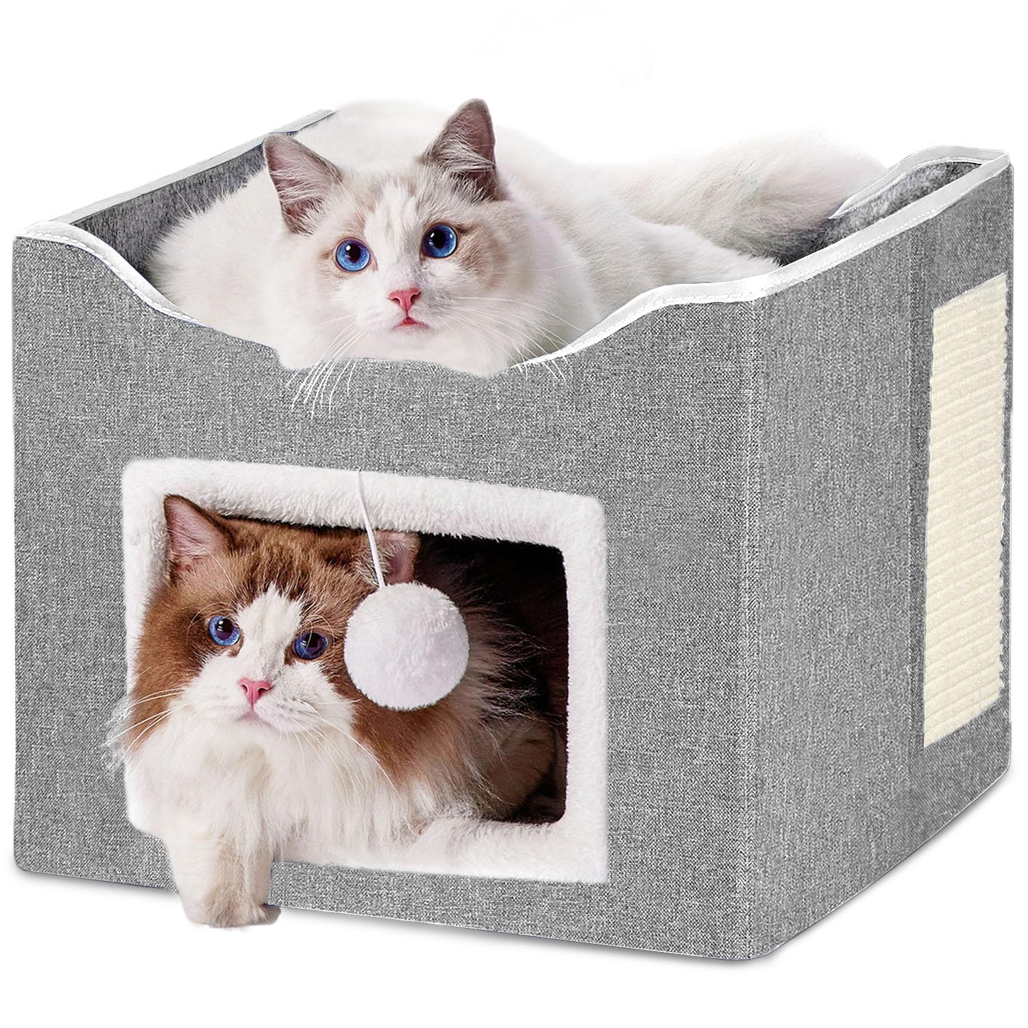 BEDELITE Foldable Cat Bed for Indoor Cats - Cozy Cat House with Scratch Pad & Toy Ball, Portable Cat Condo & Kitten Cave Hideaway, 15.4×15.4×12.6 inches (Grey) - Perfect for Living Room, Bedroom & Pet-Friendly Spaces