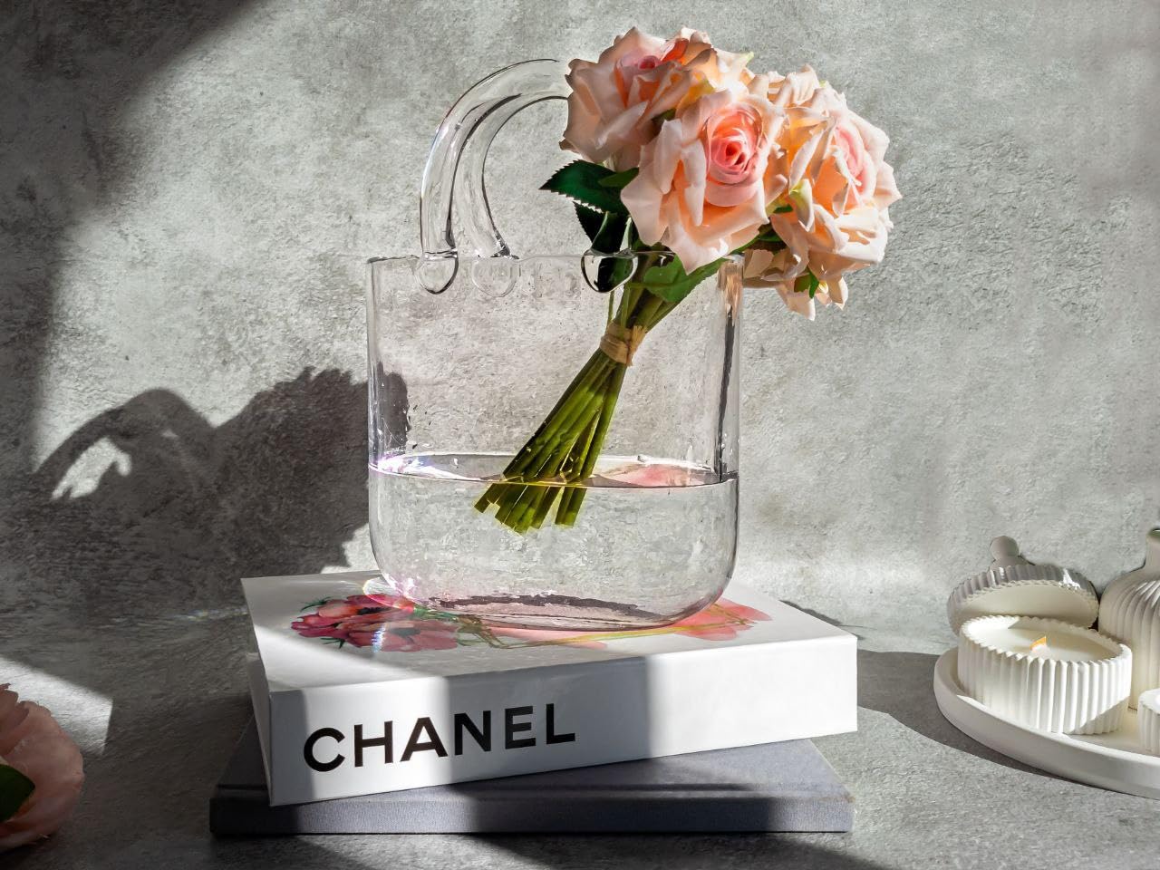 OLEEK Handmade Clear Glass Purse Vase - Elegant Flower Vase & Fish Bowl for Home Decor, Wedding Centerpieces, and Party Drinks - Unique Glass Handbag Vase for Flowers and Tabletop Decor