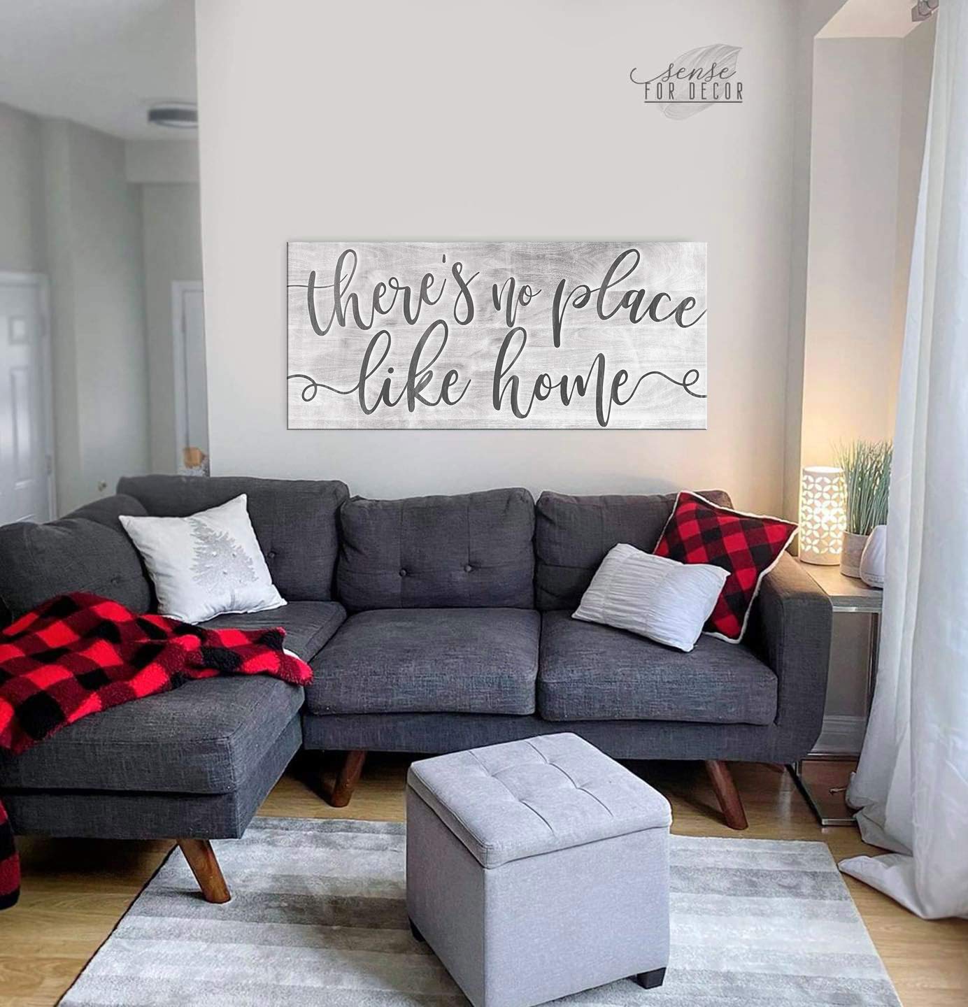 Artistic Home Wall Decor - 'There's No Place Like Home' Framed Print (42x19 Inch) | Rustic Living Room Decoration | Housewarming Gift Idea | Perfect for Farmhouse, Apartment & Office Decor | Light Grey with Black Floating Frame