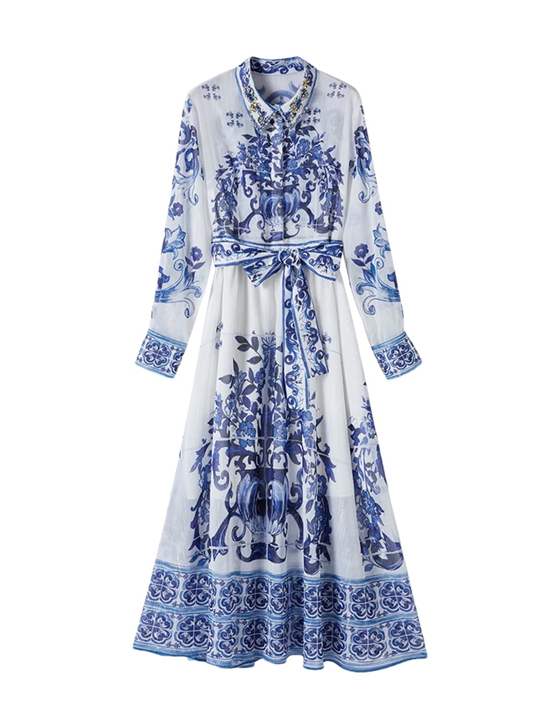 Elegant Women's Chiffon Maxi Dress with Long Sleeves & High Waist Bow - Bohemian Style Flowy Dress for Parties, Weddings & Summer Vacations
