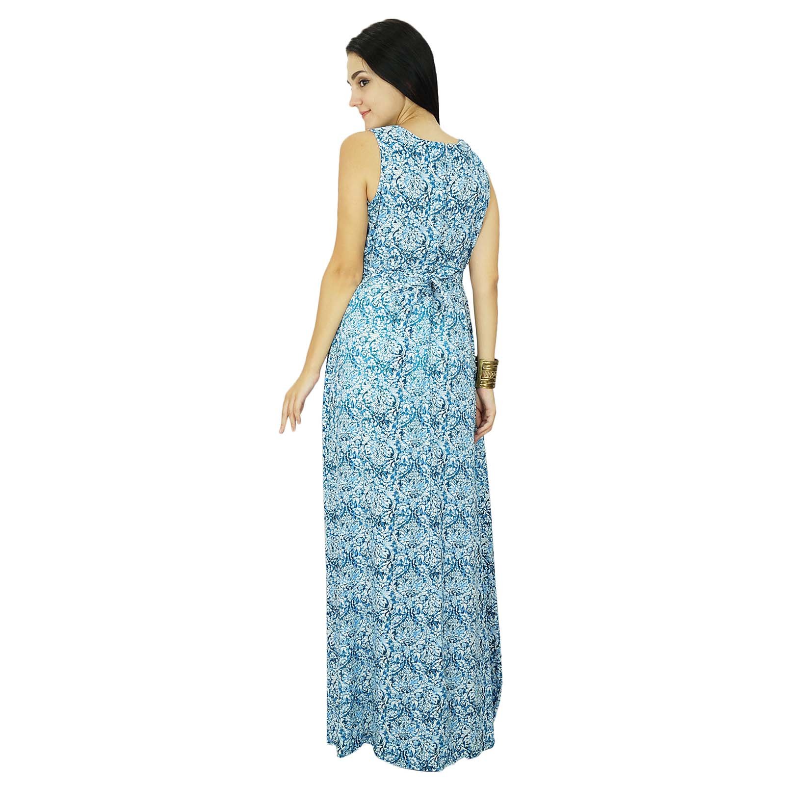 Bimba Women's Printed Sleeveless Rayon Maxi Dress - Casual Summer Beach Long Dress in Blue | Perfect for Vacations, Pool Parties & Boho Outfits