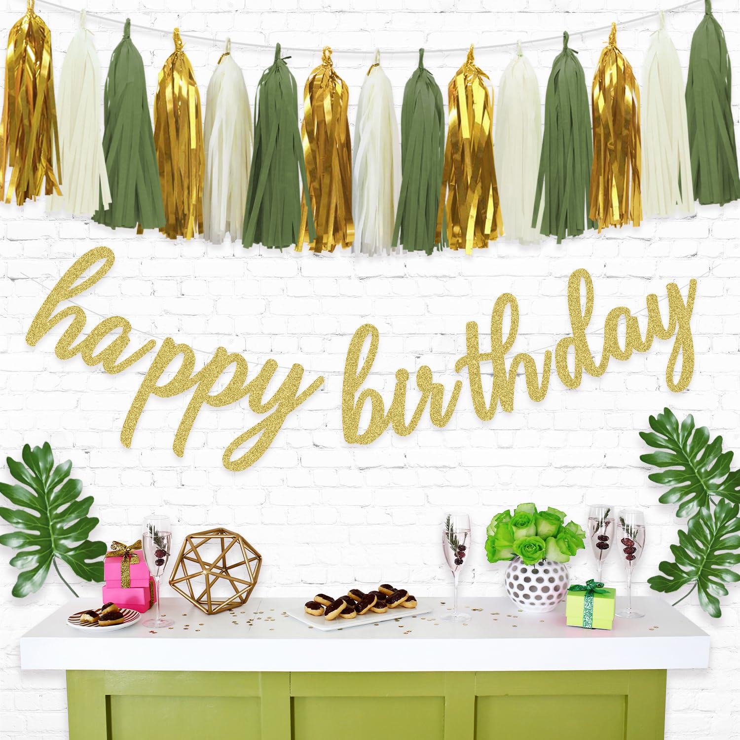 Gold Happy Birthday Banner & Paper Tassel Garland Set - Sage Green Birthday Party Decorations for Indoor/Outdoor Celebrations, Baby Showers & Anniversary Events