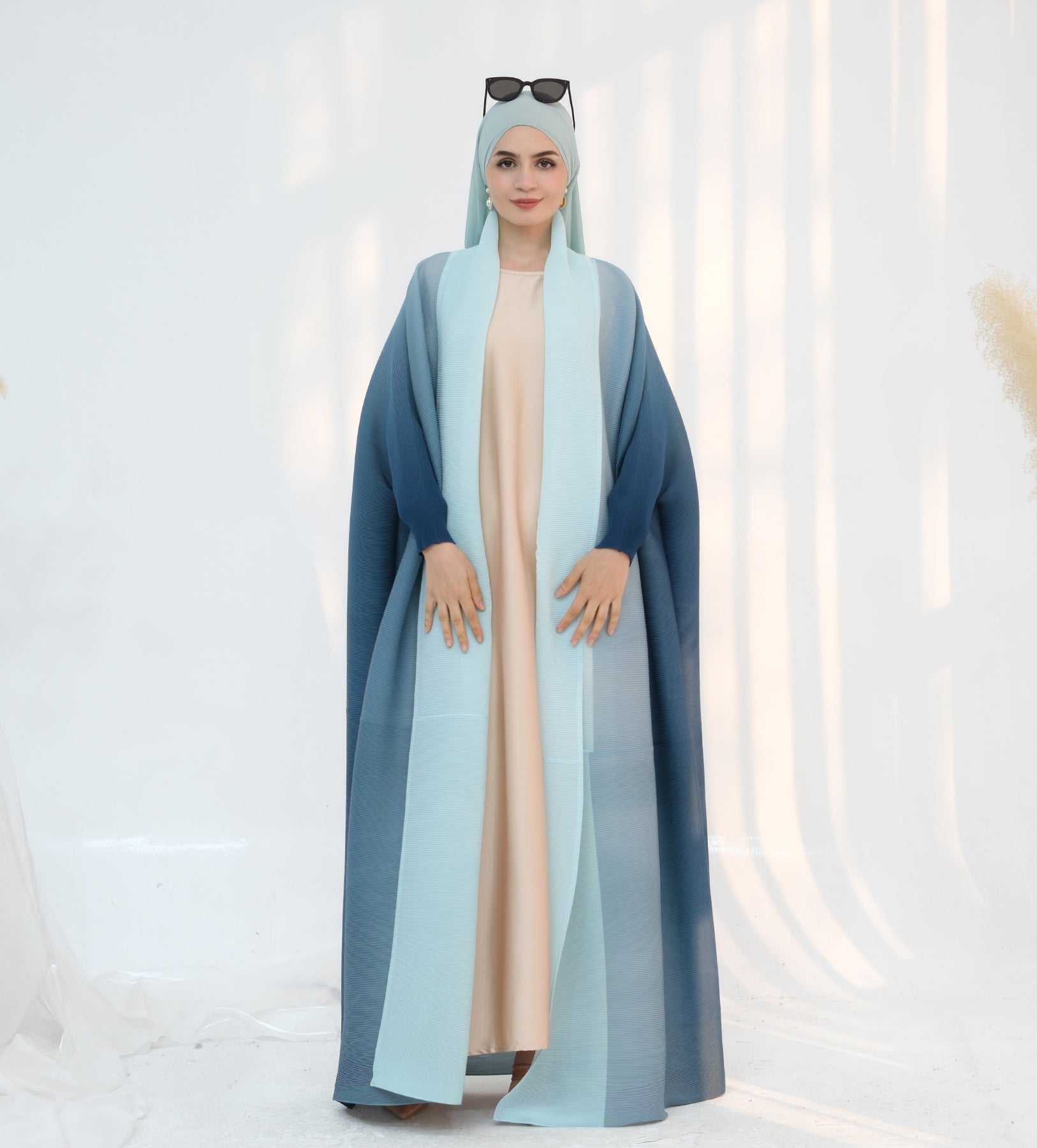 Elegant Pleated Ombre Kimono Open Abaya Dress - Blue Flowy Maxi Robe for Women | Perfect for Beach Cover Up, Evening Parties & Boho Fashion