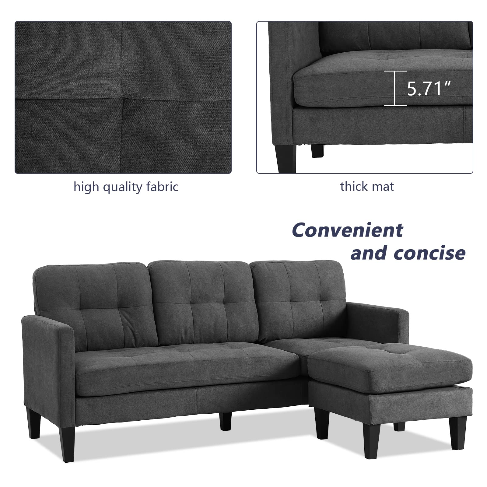 Grepatio 3-Seater L-Shaped Convertible Sectional Sofa with Modern Linen Fabric - Space-Saving Living Room Couch for Small Apartments (Grey) | Perfect for Studio, Condo & Cozy Home Decor
