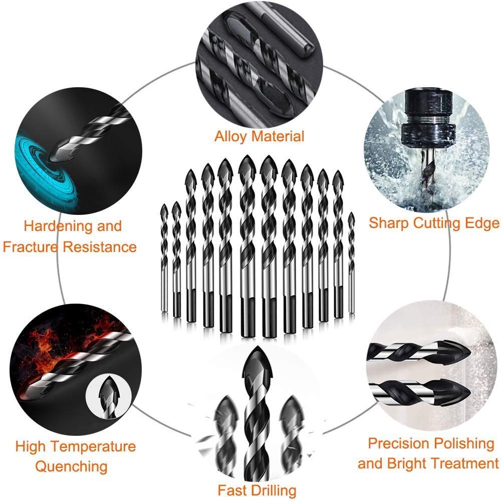 12Pcs Tile Drill Bits Set - Triple-Fluted Drill Bits for Tile, Wood, Porcelain, Glass, Concrete & Brick Walls - Masonry Cutter Set for DIY Home Improvement & Professional Construction Projects