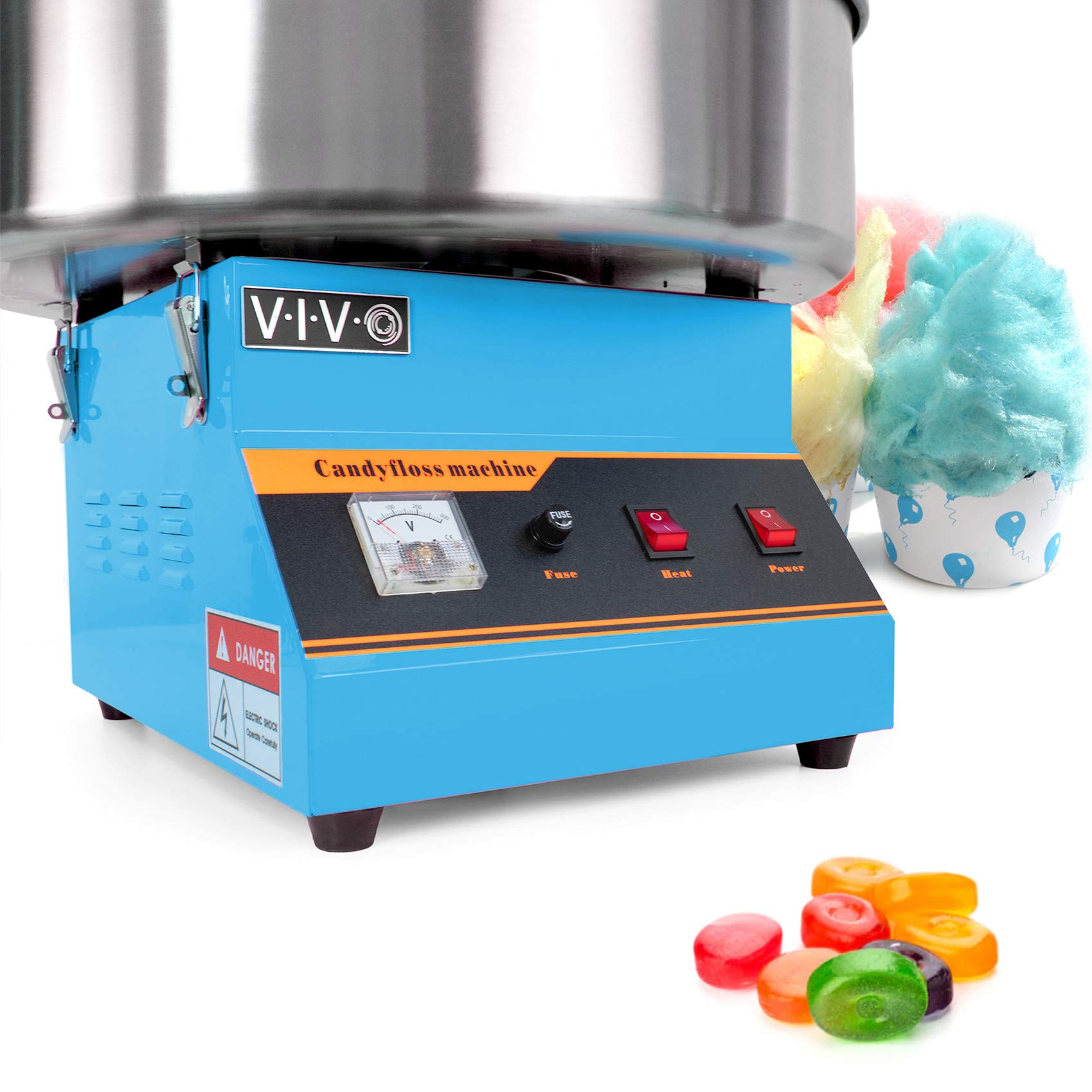 VIVO Blue 1030W Commercial Cotton Candy Machine - 20 Inch Stainless Steel Bowl with Bubble Shield & Sugar Scoop - Easy Home & Party Use for Birthdays, Carnivals, and Events