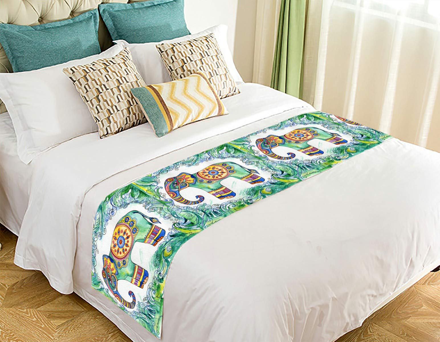 ECZJNT African Elephant Totem Tattoo Design Bed Runner Scarf - 20x95 Inch Boho Home Decor for Bedroom, Living Room | Perfect for Bohemian Style Bedding, Sofa Throw, and Cultural Themed Room Decor