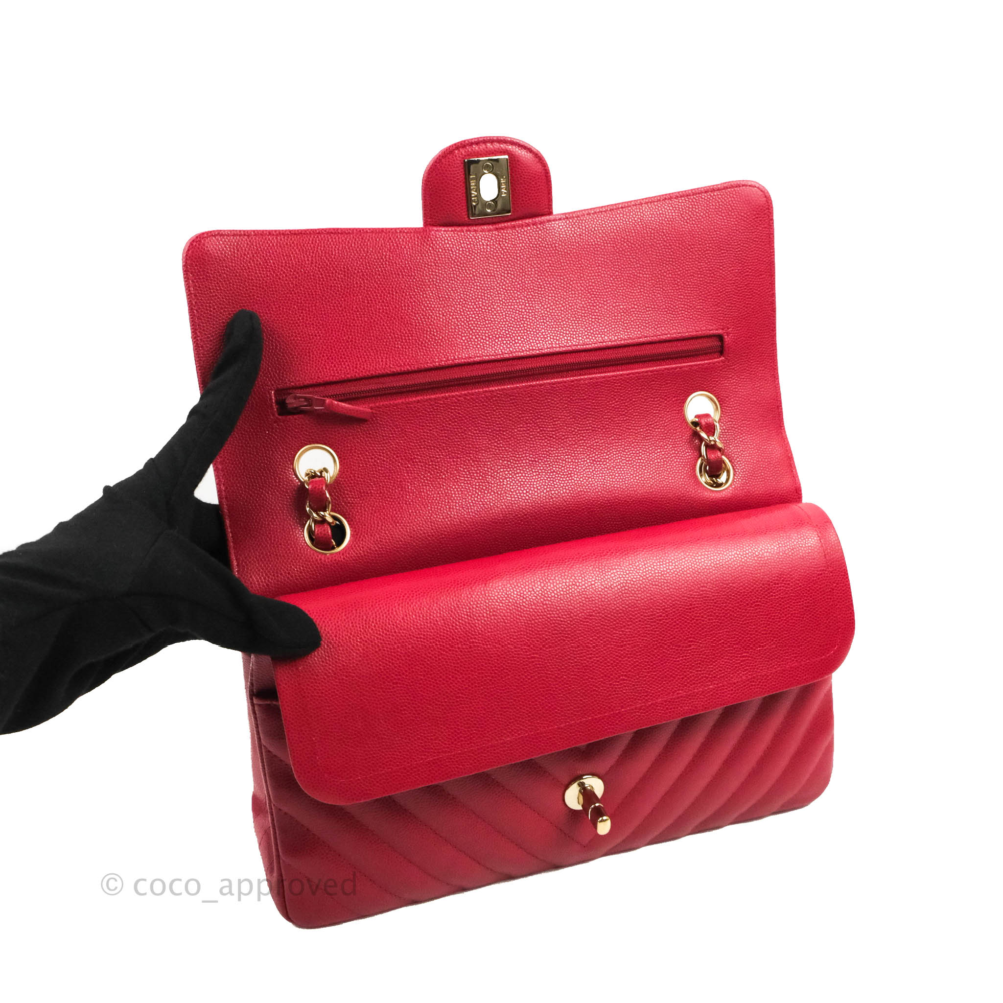 Chanel Classic M/L Medium Chevron Double Flap Bag in Cherry Red Caviar Leather with Gold Hardware - Perfect for Evening Events, Luxury Gifts & Fashionable Outfits