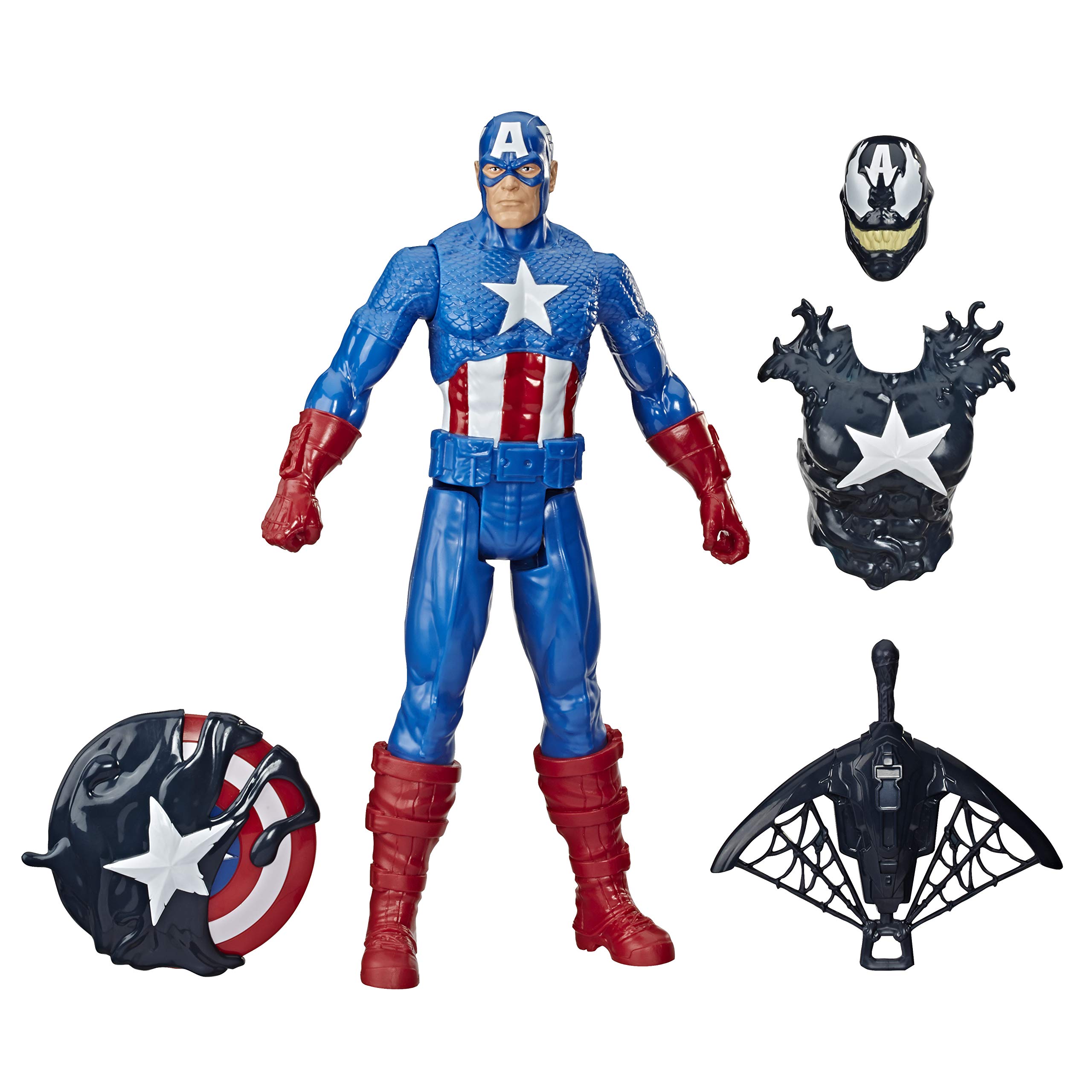 Hasbro E8683 Maximum Venom Titan Hero Series - Venom Captain America Action Figure with Starter, Projectile & 6 Accessories | Marvel Superhero Toy for Kids Ages 4+ | Birthday Gift, Role Play, Collectible Display