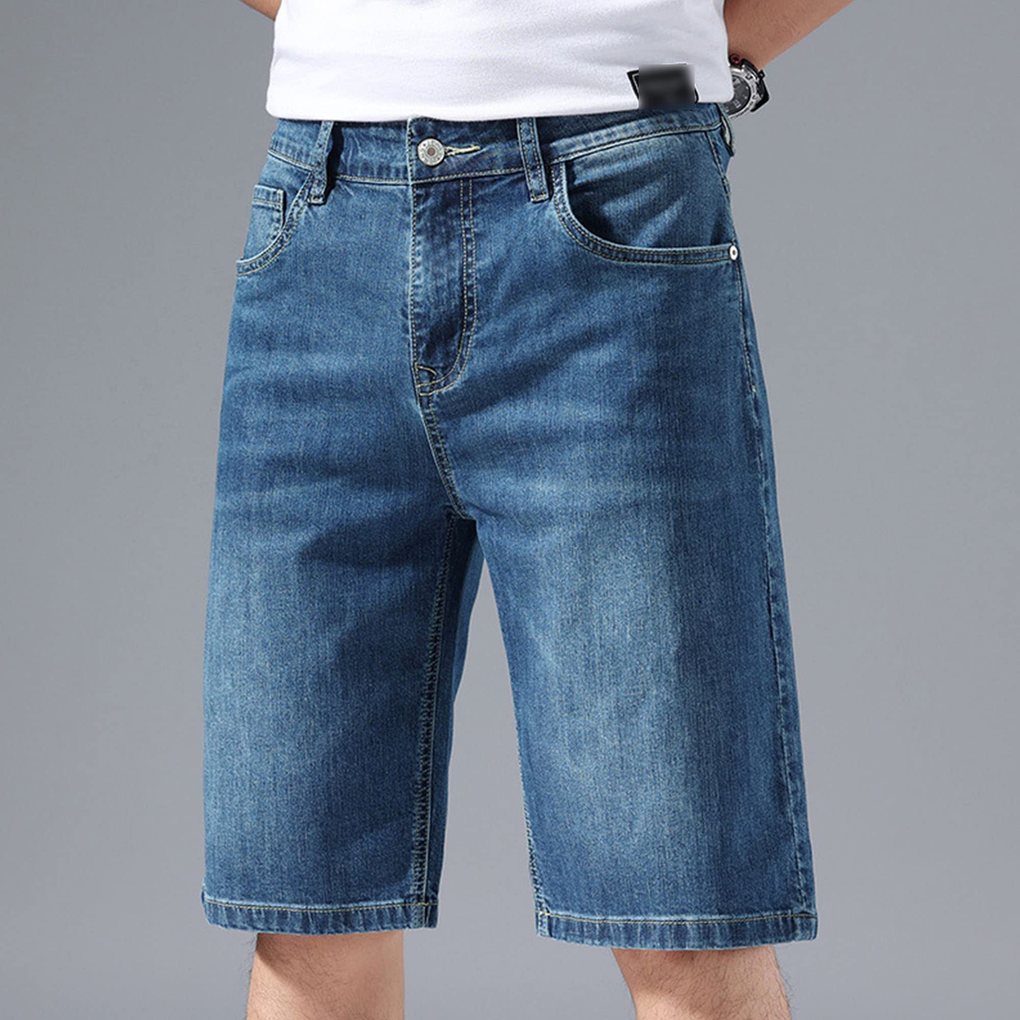 Men's Stretch Cotton Denim Shorts - Knee Length Straight Fit Casual Jean Shorts with Pockets | Perfect for Summer, Beach, and Outdoor Activities