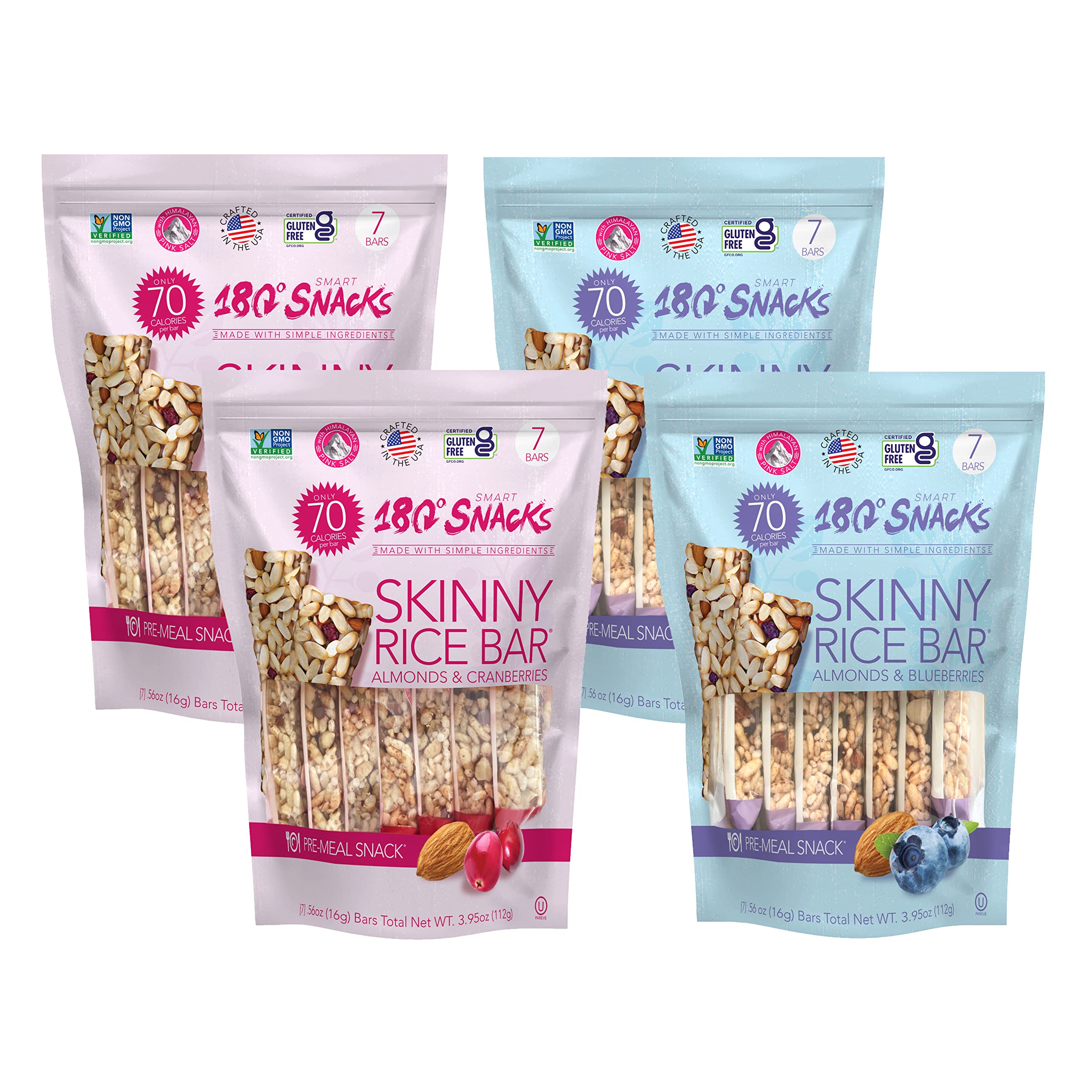 180 Snacks Skinny Rice Bars Bundle - Cranberry & Blueberry Flavored Rice Bars with Almonds & Himalayan Salt - Low Calorie (70 Cal) Non-GMO Gluten-Free Healthy Snacks for Weight Loss - 28 Count - Perfect for Office, Gym & On-the-Go Nutrition