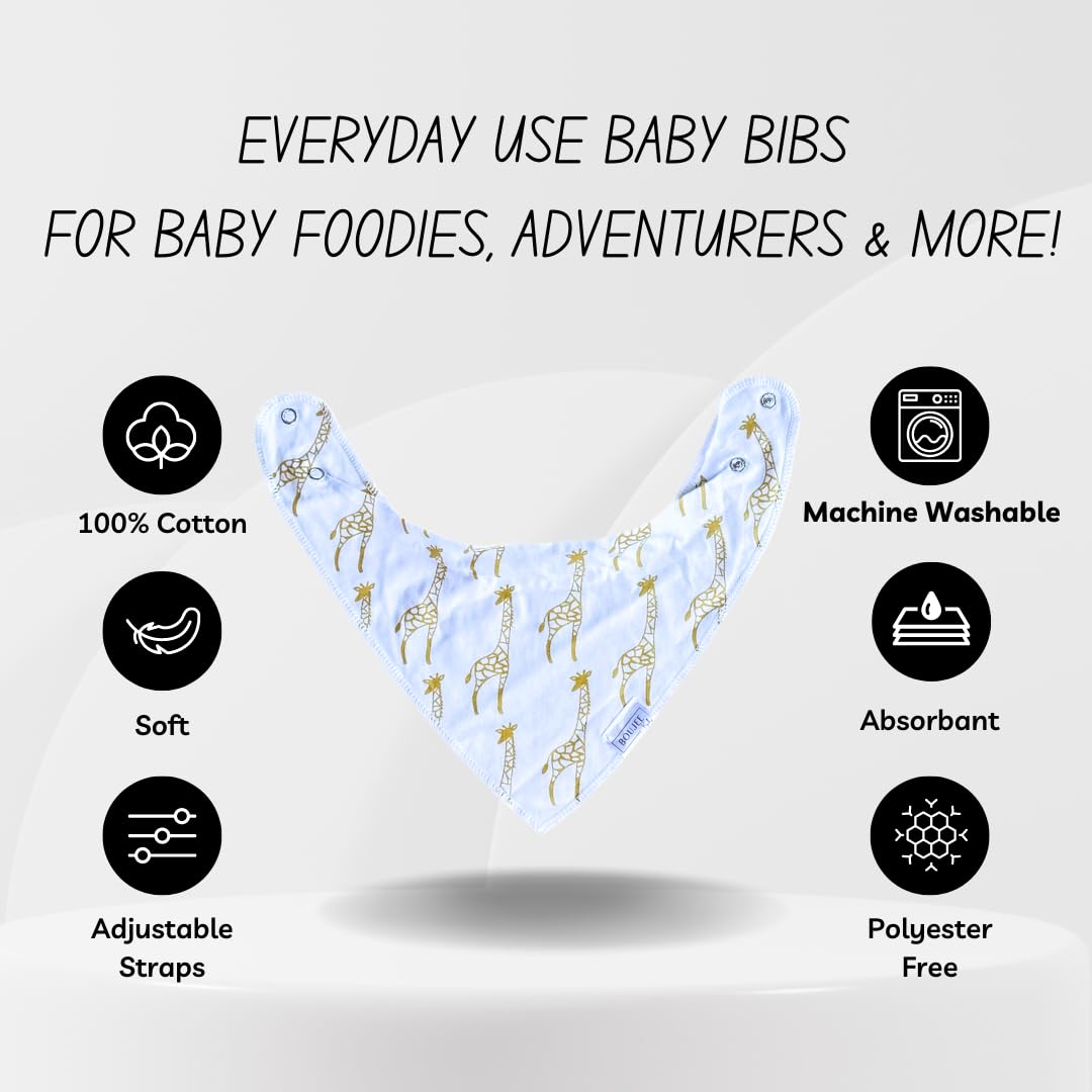 BOUJEE Baby 100% Cotton Adjustable Drool Bibs - Ultra Absorbent, Soft & Flexible for Newborns & Toddlers - Machine Washable, Pack of 6 - Perfect for Feeding, Teething & Messy Playtime