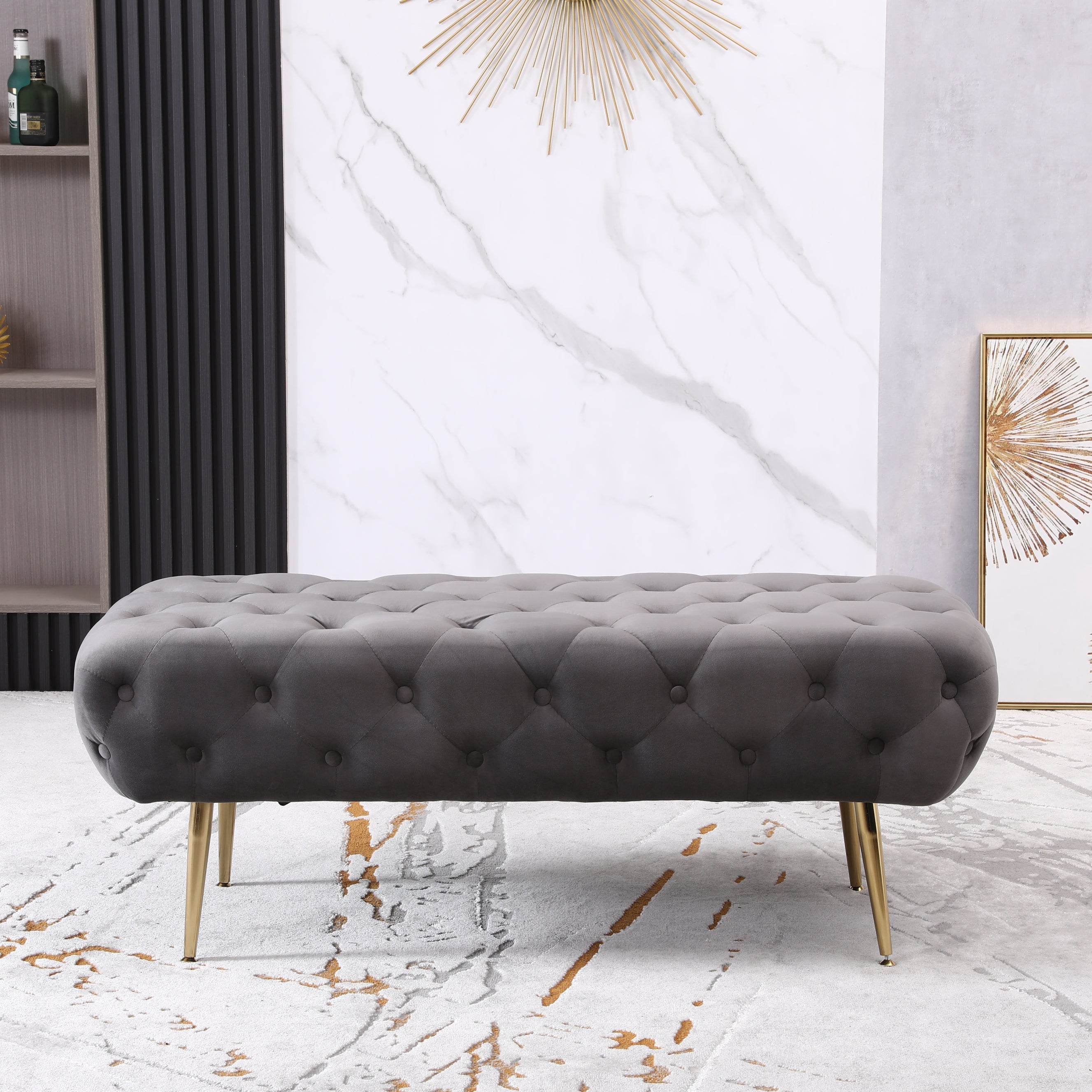 Roundhill Furniture Sira Velvet Button Tufted Bench with Gold Metal Legs - Gray Upholstered Storage Ottoman for Living Room, Bedroom, or Entryway