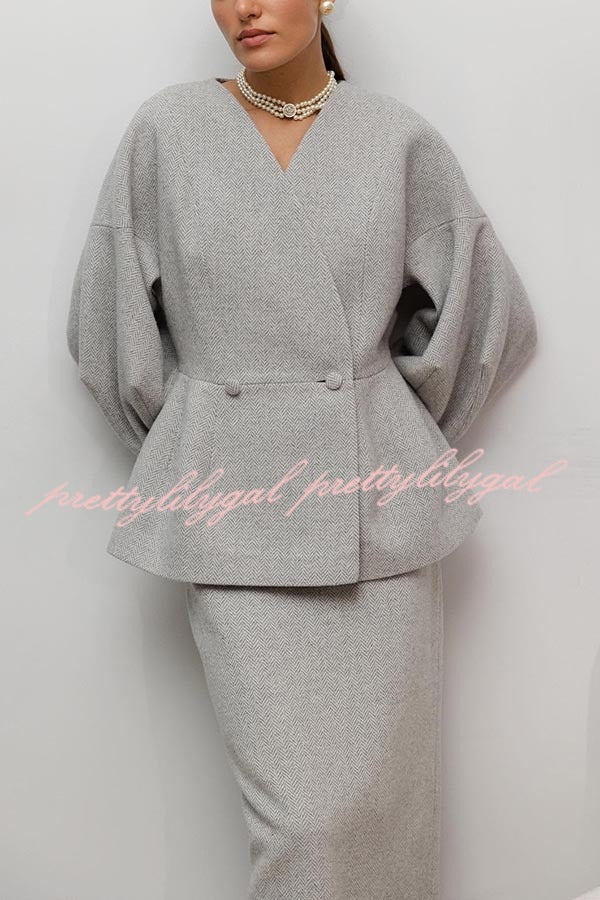 Viseu Textured Fabric Button-Down Balloon Sleeve Coat with Elastic Waist Pencil Maxi Skirt Set - Women's Elegant Office & Party Outfit for Fall/Winter Fashion