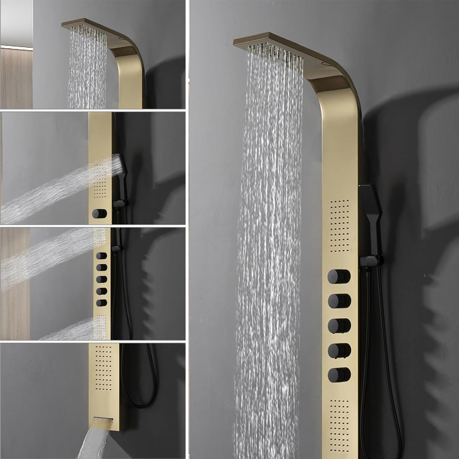 Polished Gold Multifunction Shower Panel System with Rainfall Showerhead & Handheld Shower - Stainless Steel Wall Mounted Bath Panel for Luxurious Spa Experience at Home