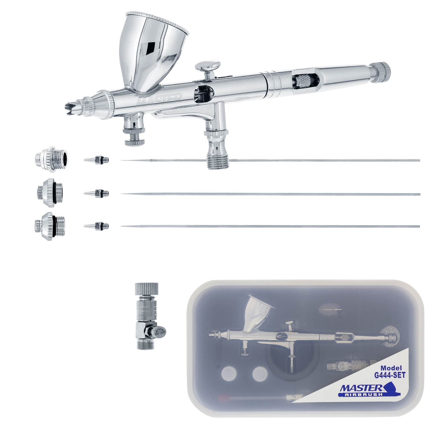 Professional G444 Pro Dual Action Gravity Feed Airbrush Kit with 3 Nozzles (0.2mm, 0.3mm, 0.5mm) & 1/3 oz Cup - Perfect for Model Painting, Tattoo Art, Nail Design & Automotive Detailing