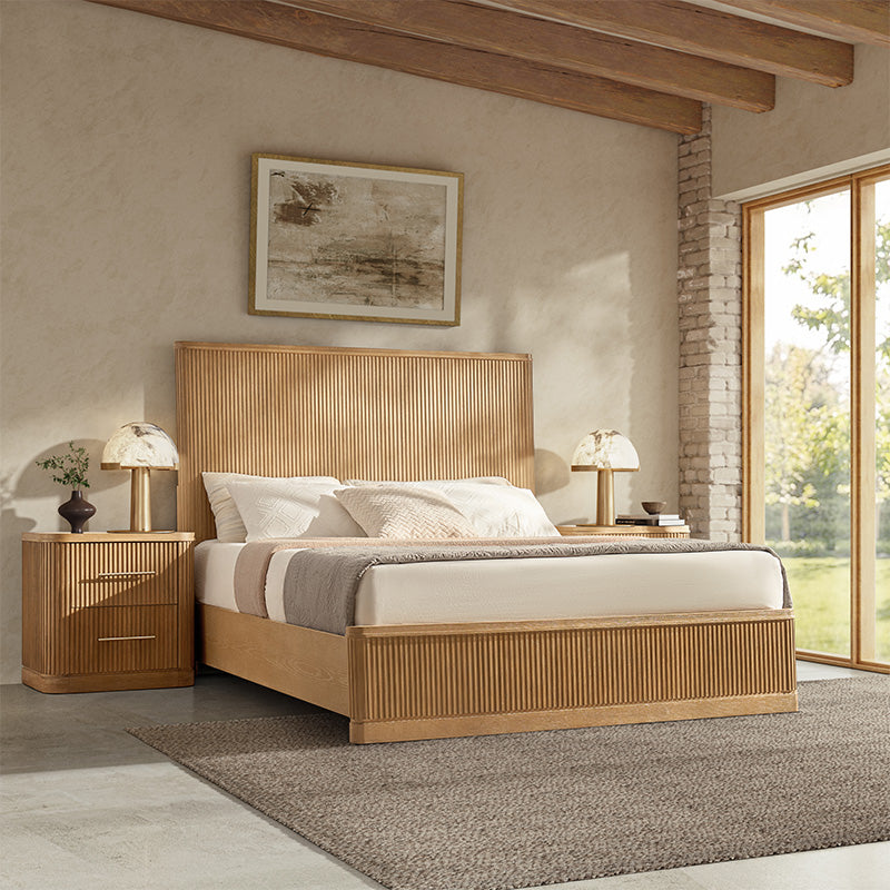 Modern Fluted Solid Wood Bed with Oak Texture – Elegant & Durable Bedroom Furniture for Home Decor | Perfect for Master Bedroom, Guest Room & Apartment