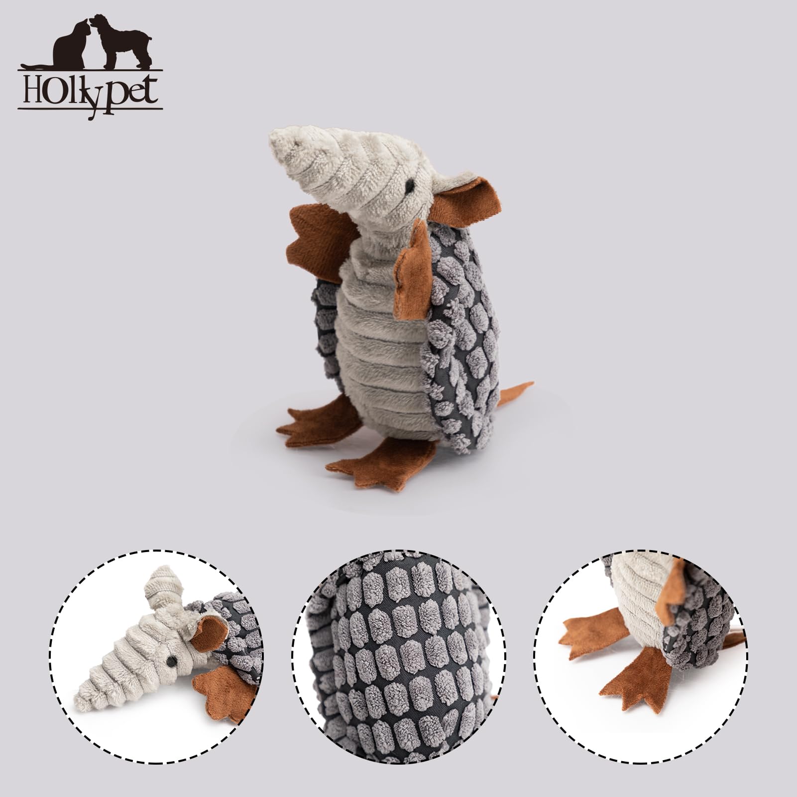 **Hollypet Plush Squeaky Dog Toy - Armadillo Stuffed Chew Toy for Small, Medium & Large Dogs | Teeth Cleaning & Interactive Play | Perfect for Indoor & Outdoor Fun, Dark Gray, 6 Inches**