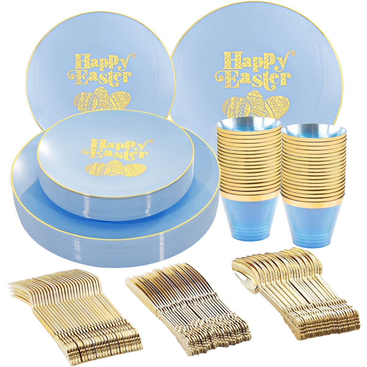 150-Piece Easter Party Tableware Set - Blue & Gold Disposable Plastic Plates, Cutlery & Cups for Easter Egg Hunt, Brunch, and Spring Celebrations