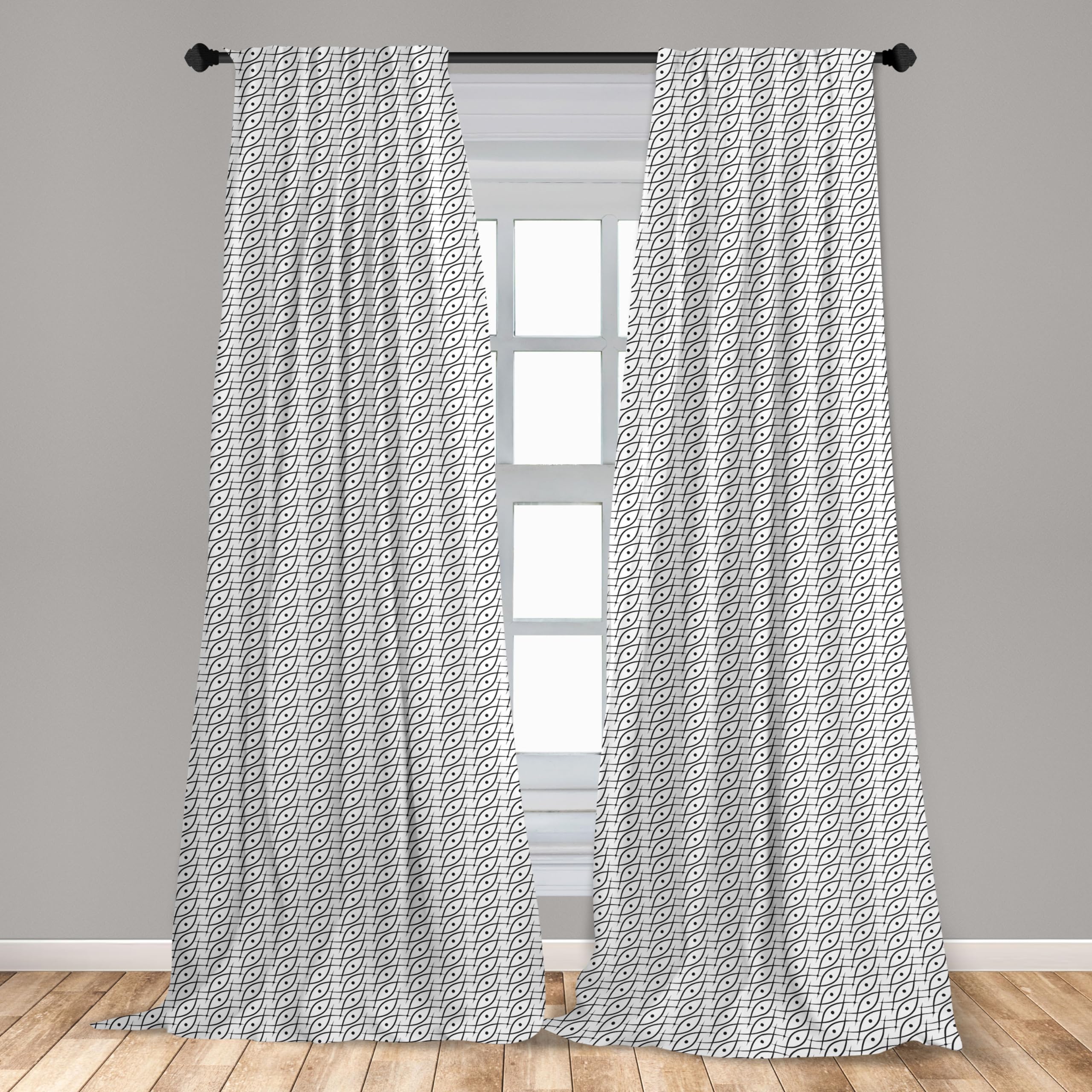 Ambesonne Geometric Black White Curtains - Trippy Linked Leaf Pattern with Dots, Minimalist Grid Design Window Treatments, 2 Panel Set (28