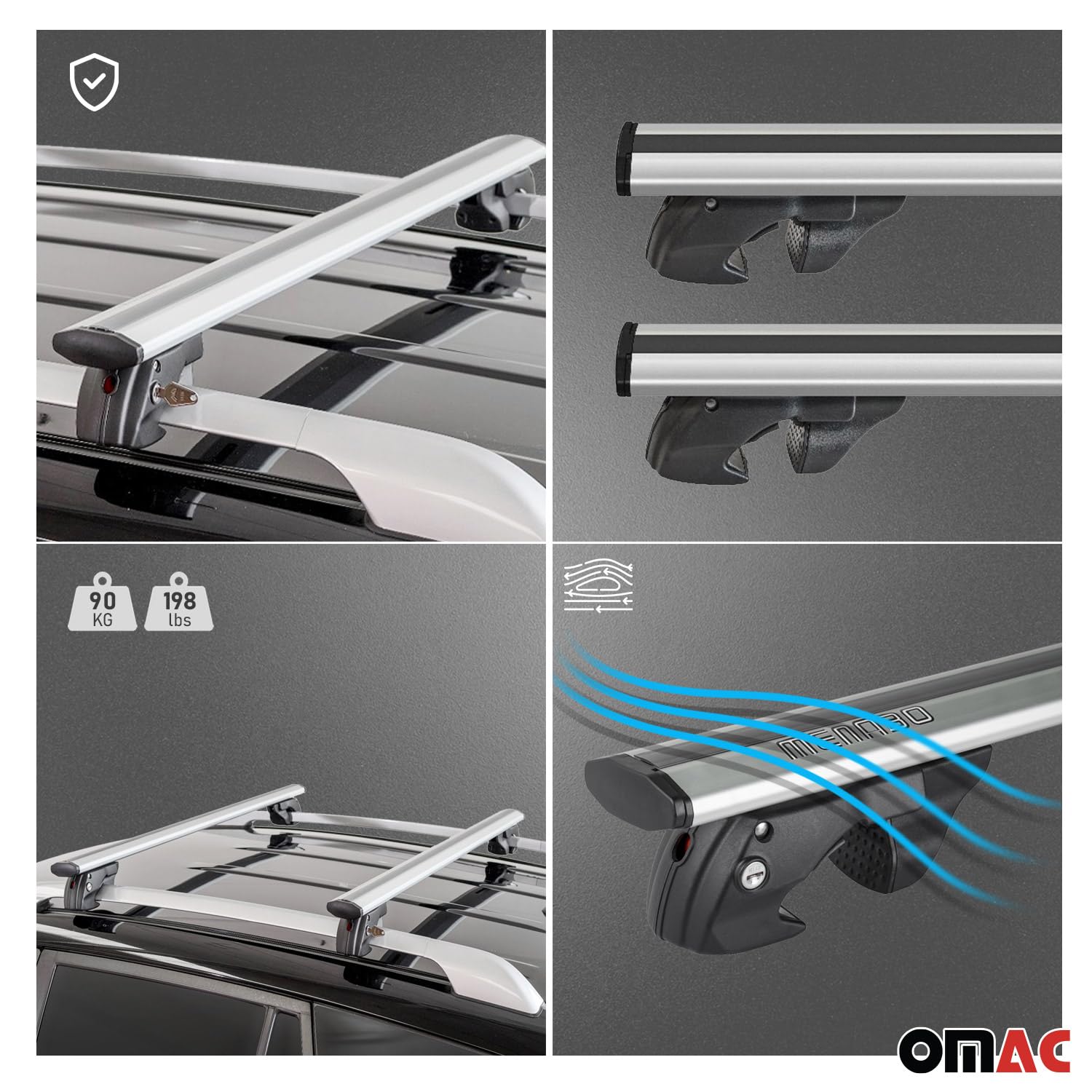 OMAC Aluminum Roof Rack Cross Bars for VW Touareg 2004-2006 - Silver Anti-Theft 2-Piece Set - Perfect for Kayak, Canoe, Surfboard, Ski, Snowboard & Camping Gear Transport