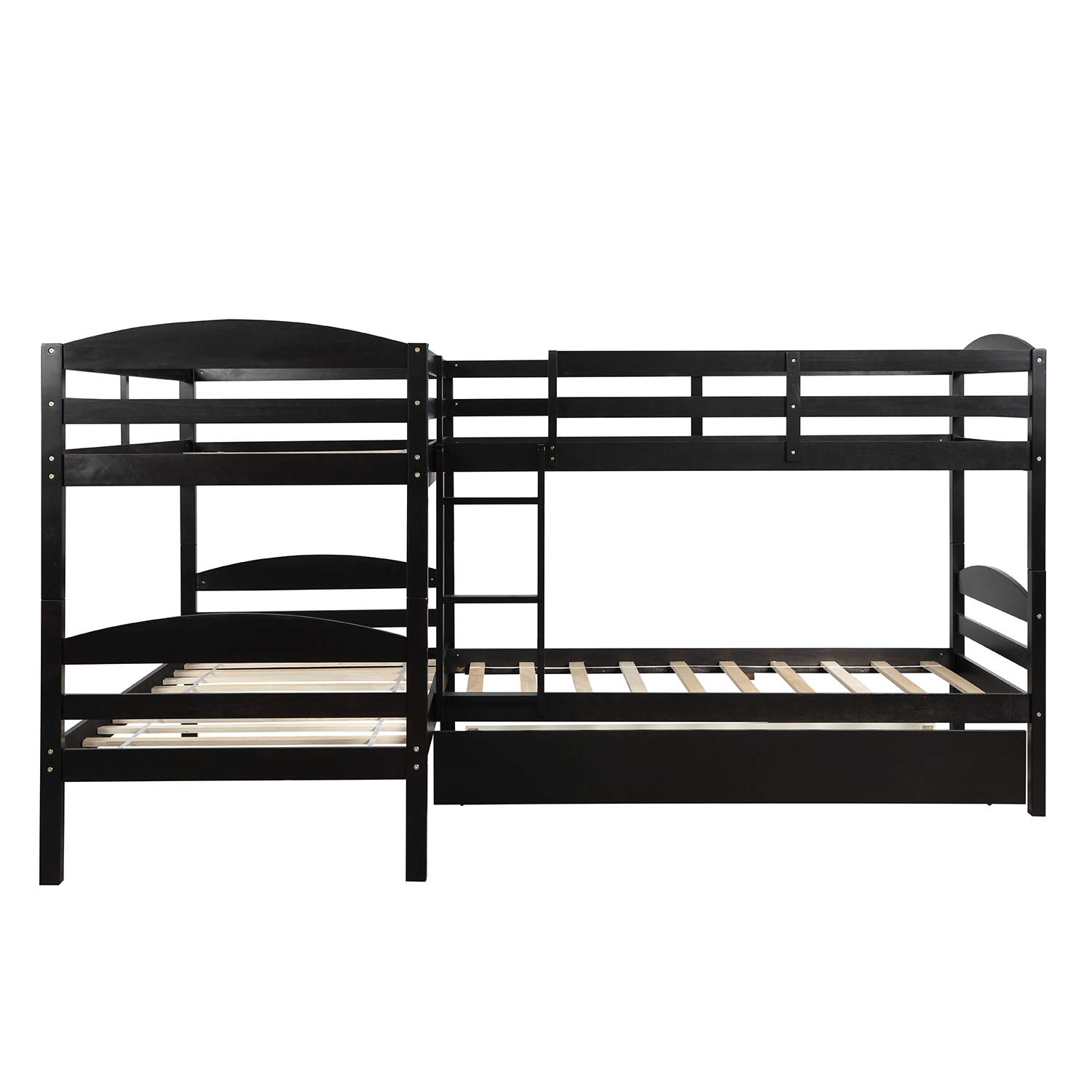 Twin Over Twin Kids Bunk Bed - Wooden L-Shaped Bunk Bed Frame with Trundle, Convertible to 2 Corner Platform Beds, Sleeps 5 Children/Teens, No Box Spring Required (Espresso Finish) - Perfect for Small Bedrooms, Guest Rooms & Shared Kids' Spaces